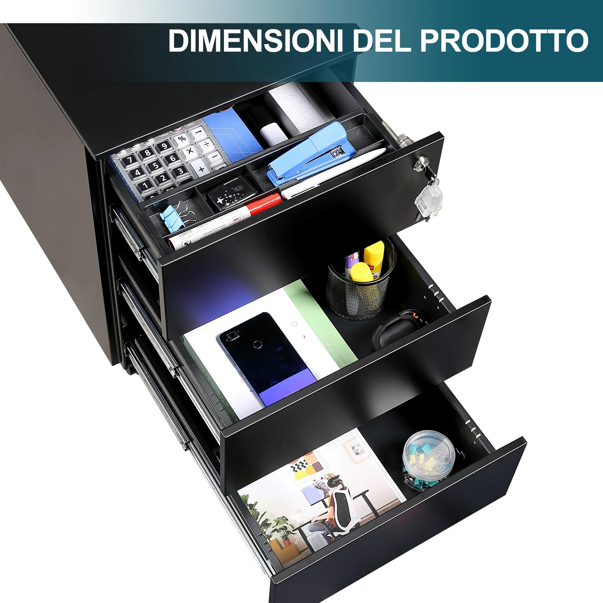Cassettiera da Ufficio con 3 Cassetti, Scrivania con Ruote, Armadietti in Metallo, Completamente Assemblato, Nero, Ufficio, Studio