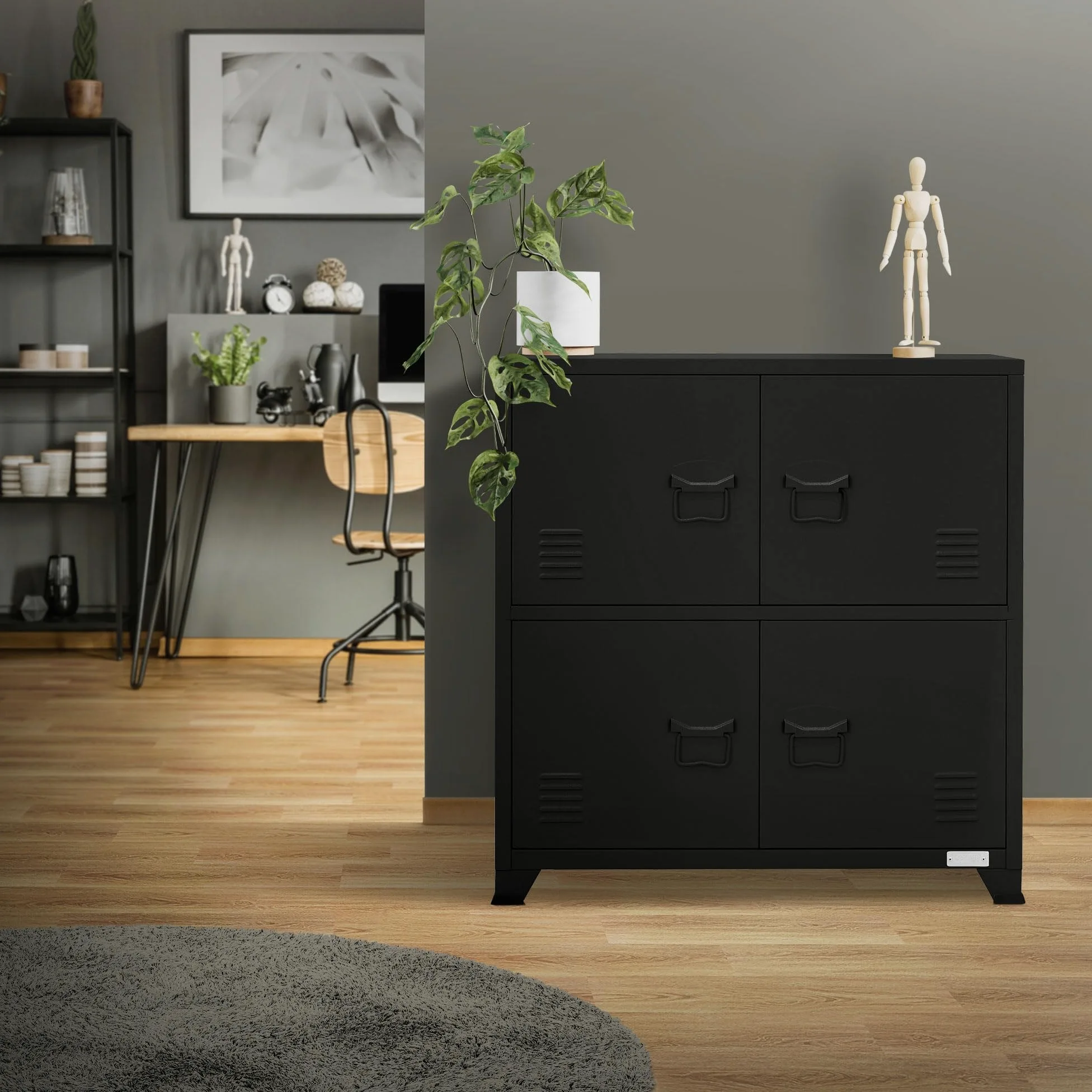 ML-Design Schedario da Ufficio 75x40x80,5 cm Nero Acciaio Mobile a 4 Gambe Armadietto in Metallo 4 Ante 2 Scomparti Interni Armadio Industriale Portadocumenti in Acciaio di Stoccaggio Portaoggetti