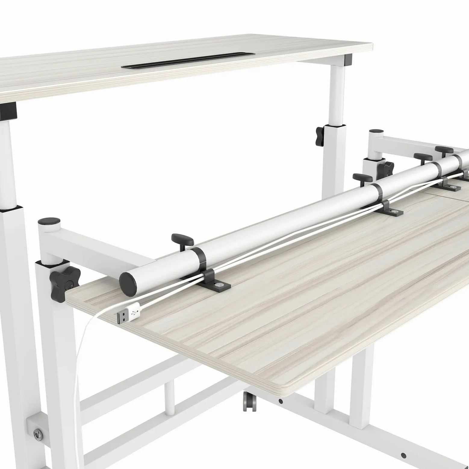 DlandHome Scrivania Sit-Stand Laptop,laptop stand standing desk Tavolino Caffe per Casa o Studio con 4 Ruote Mobile e Blocco, Scrivania Lavoro per Discorso, Altezza Regolabile 67-115cm, di Legno Acero