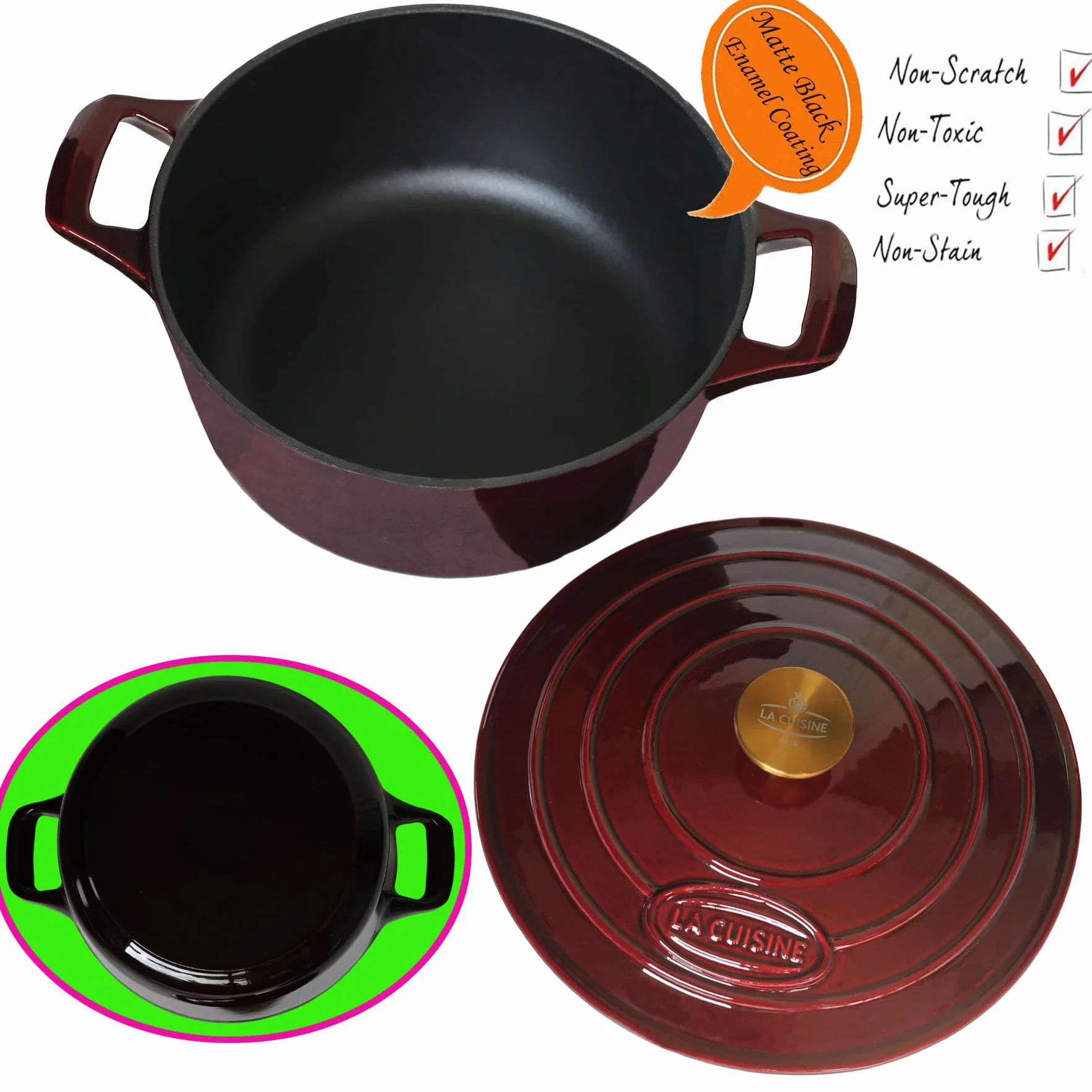 La Cuisine Casseruola in Ghisa Smaltata 20 cm Dia. 2 L. Rivestimento interno in smalto nero opaco, mirtillo rosso, manico del coperchio in acciaio inossidabile placcato oro