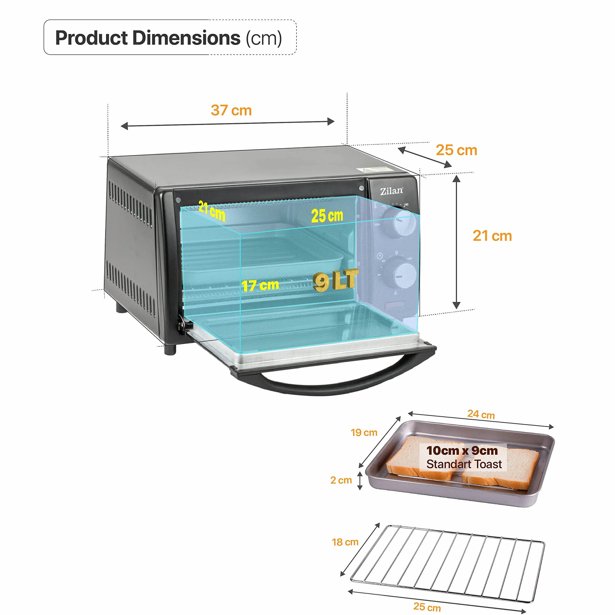 Forno Elettrico 9 Litri 800 Watt Doppio Vetro Timer Zilan