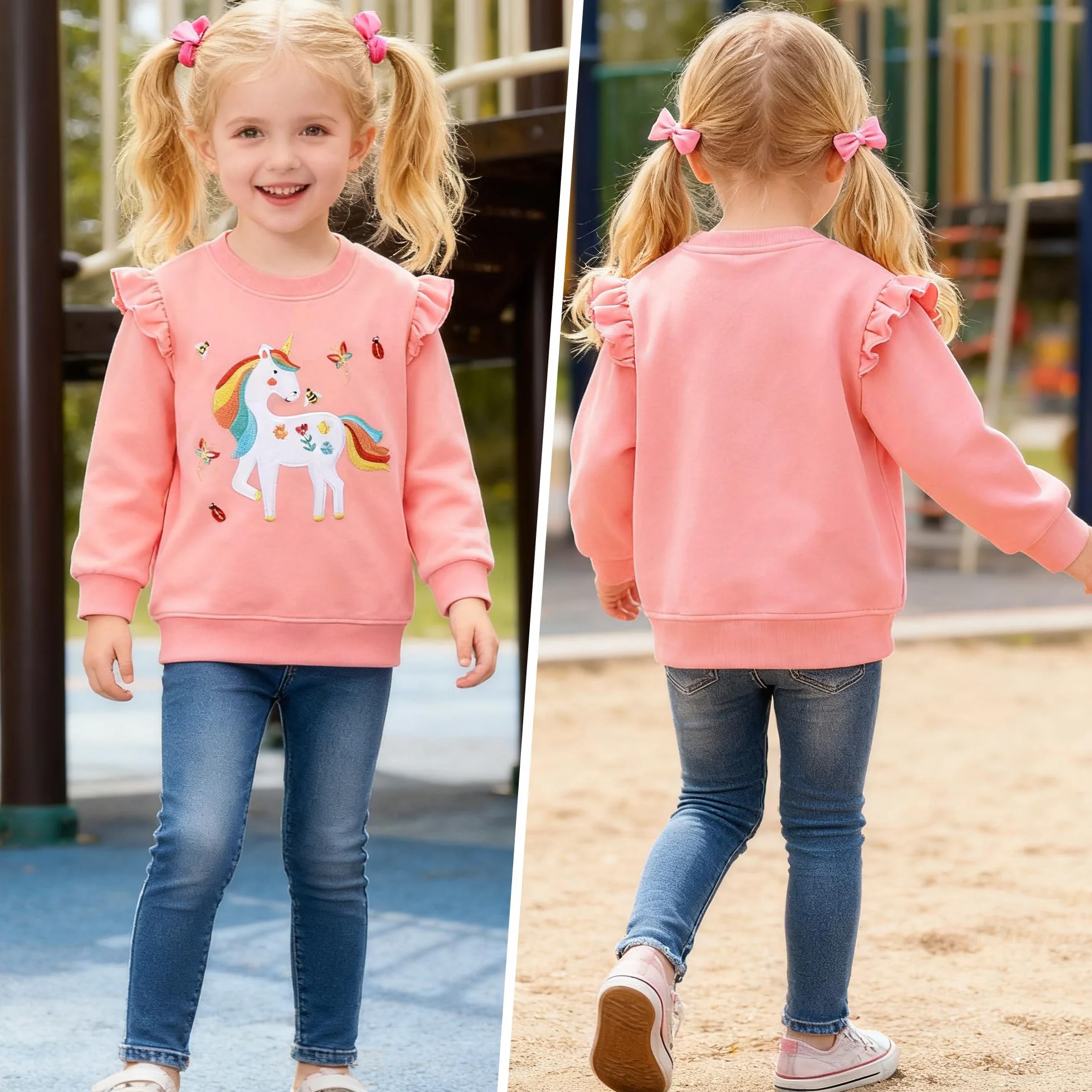 Felpa Bambina Cotone Manica Lunga Maglione Arcobaleno Unicorno Stampato Ricamo Pullover Girocollo 2-8 Anni