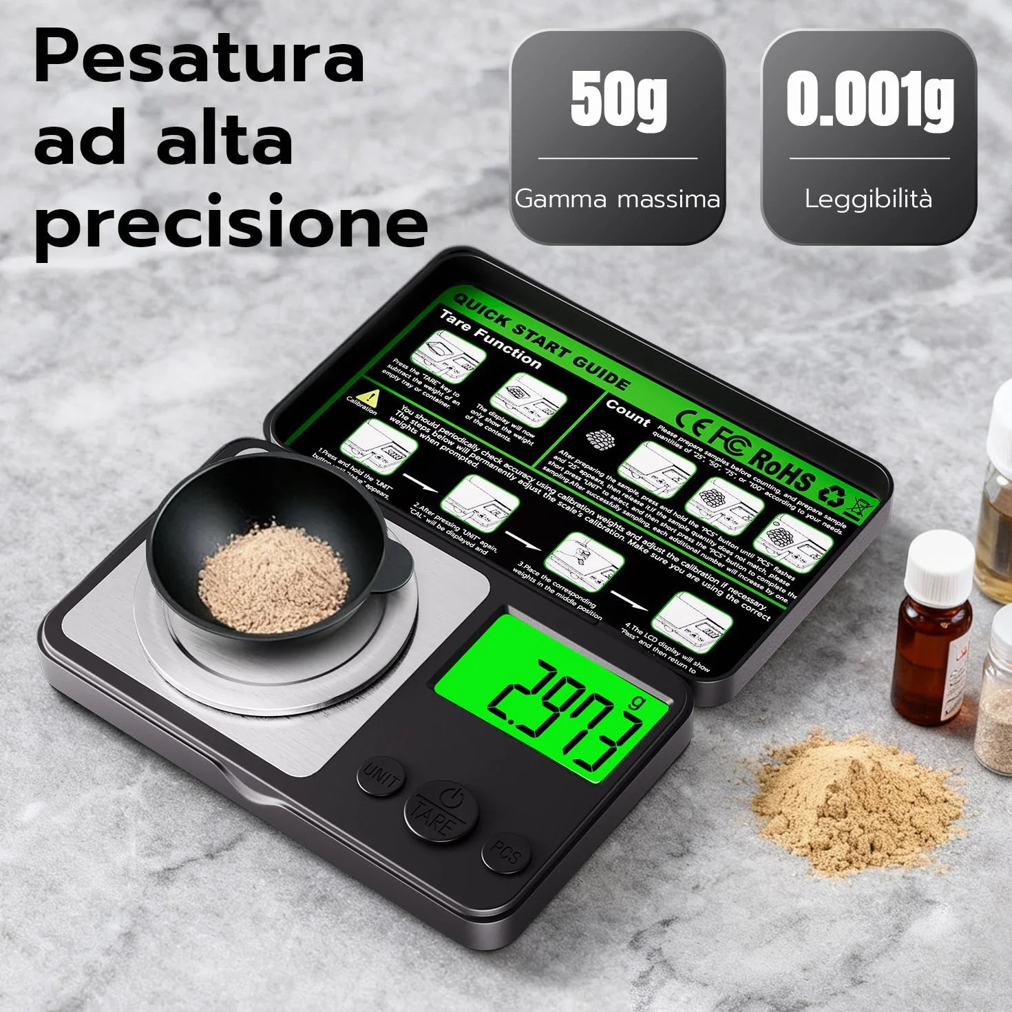 Wigearss 50g/0.001g Bilancia Milligrammi Alta Precisione, Bilancia Tascabile Digitale con Peso di Calibrazione, Pinzette, Vassoio e Misurino