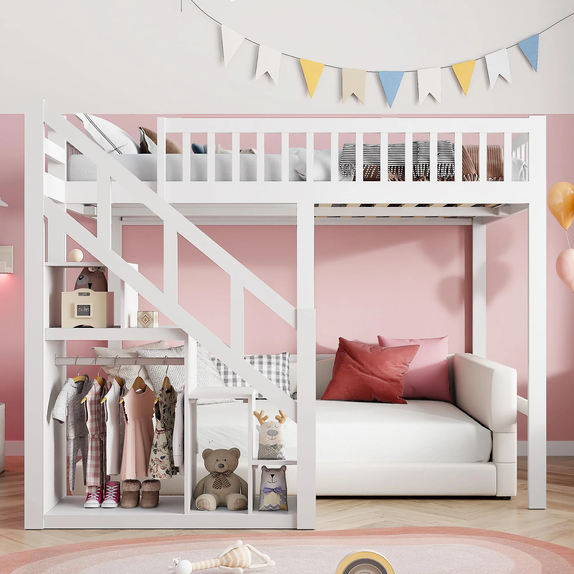 Letto a Soppalco 140x200cm con Recinzione Sicura e Scala di Stoccaggio, Letto a Castello Bianco per Bambini e Ragazzi - Struttura Legno Stile Montessori