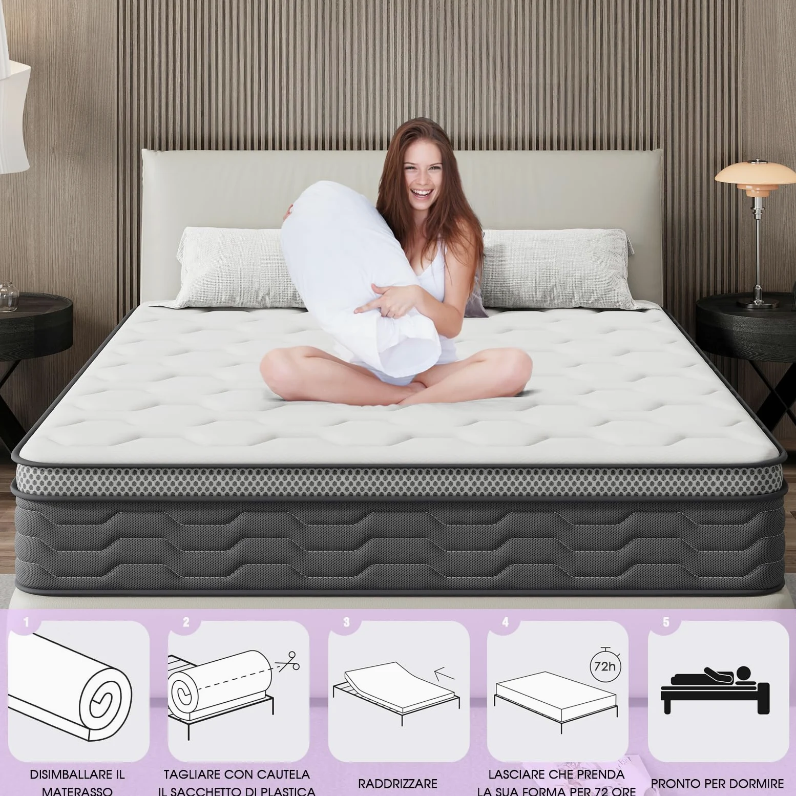 DEWINNER Materasso matrimoniale 160x190, Alto 25 cm,Materasso matrimoniale a Molle e Schiuma,Insacchettate,Confortevole e Traspirante,Durezza Media, Antiacaro,Anallergico e Antibatterico