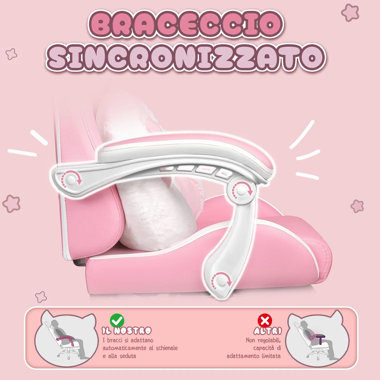 Waleaf Sedia Gaming Rosa, Sedia da Gaming Ergonomica con Regolabile Poggiapiedi, Poggiatesta, Supporto Lombare, Poltrona per Computer con Orecchie da Gatto, Altezza Regolabile
