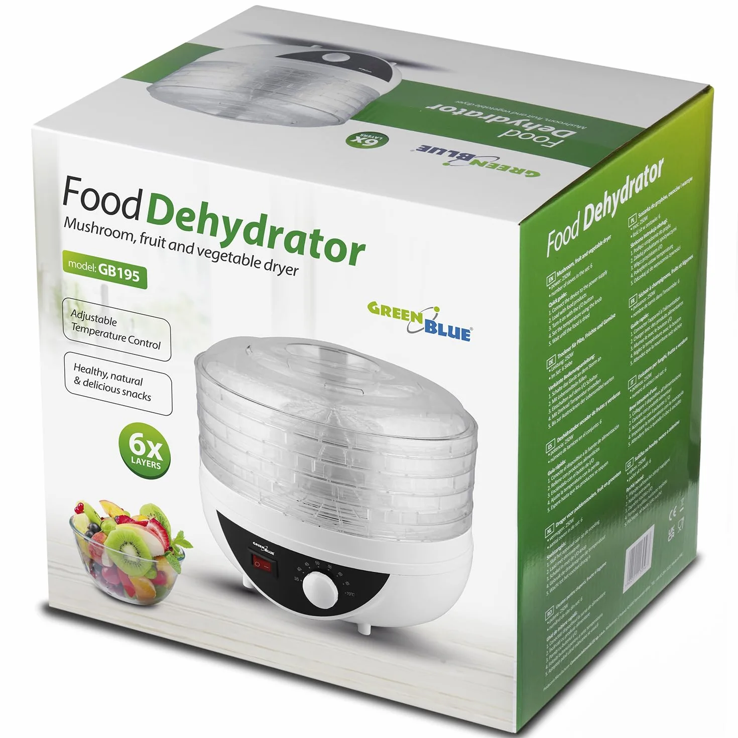 Green Blue GB195 Essiccatore alimentare per funghi, verdure e frutta, erbe 250W, extra silenzioso, 5 setacci Diametro 27 cm Temp regolabile