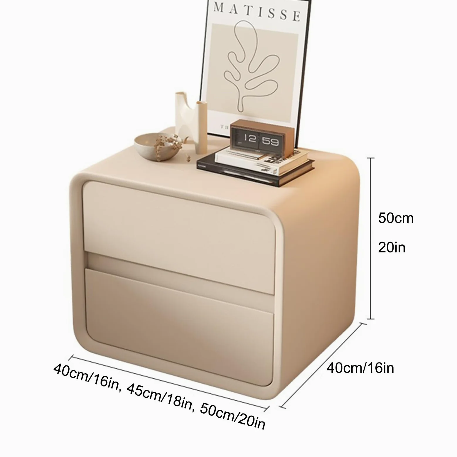 DTREEL Comodino Moderno con 2 Cassetti in Legno Massello e Pelle Microfibra, Tavolino da Camera da Letto/Soggiorno/Dormitorio, Beige, 50 cm/20 in