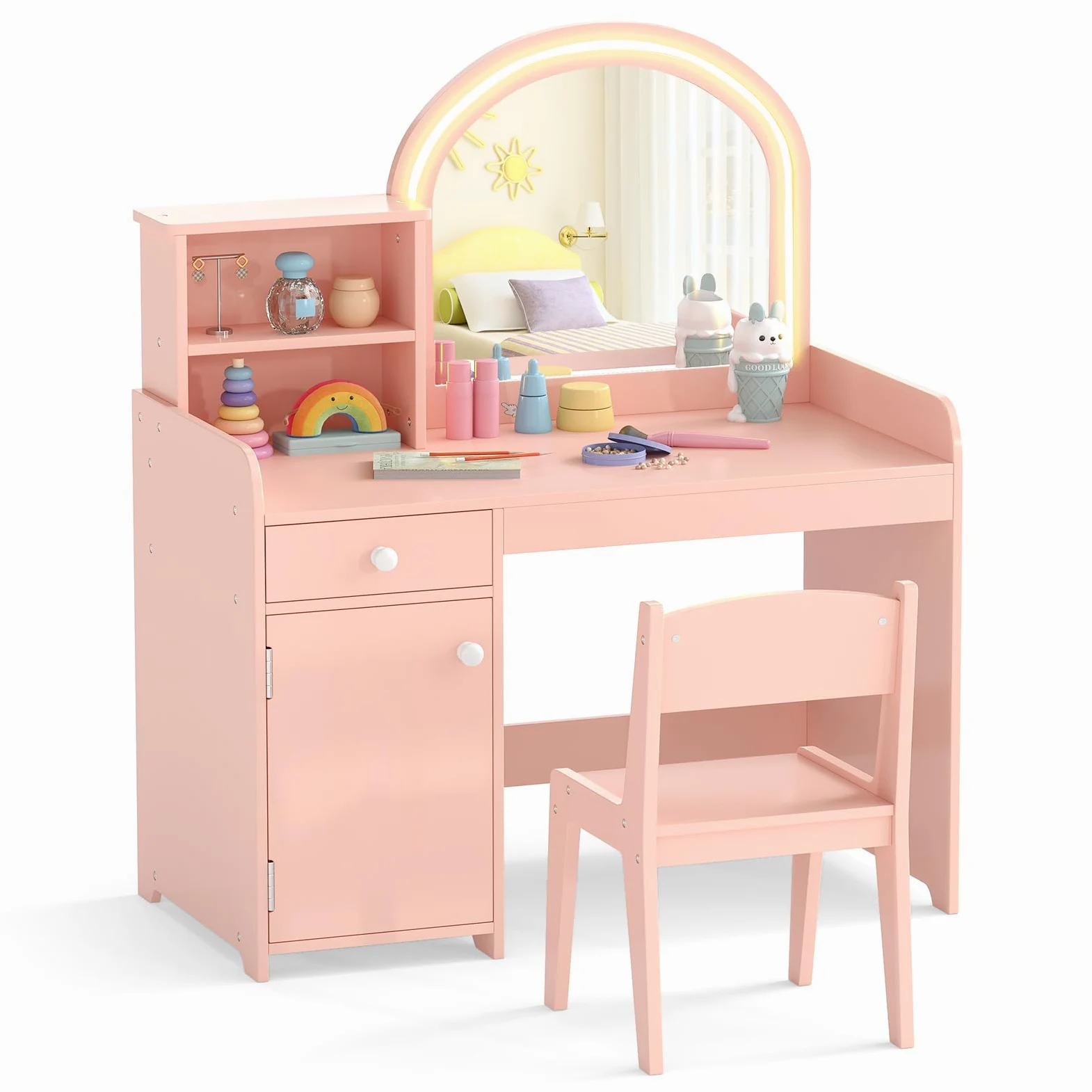 LIFEZEAL 2 in 1 Tavolo da trucco per bambini con sedia, tavolo da trucco ragazza con specchio LED e armadietto, tavolo da toeletta in legno con cassetto e scaffale, 3+ anni, carico di 50 kg (rosa