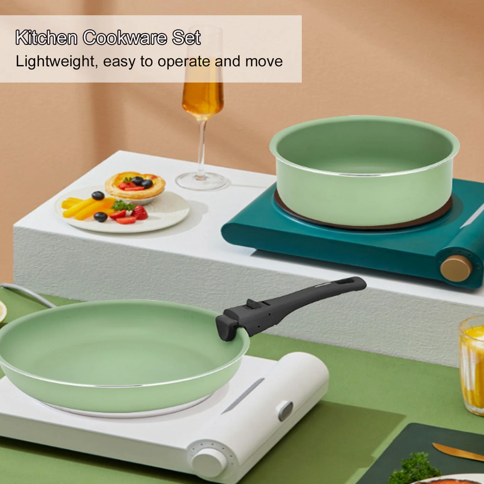 Set di pentole e padelle con manico staccabile, set di 3 pentole da cucina antiaderenti per tutti i fornelli, set di pentole impilabili per campeggio, lavabili in lavastoviglie, verde