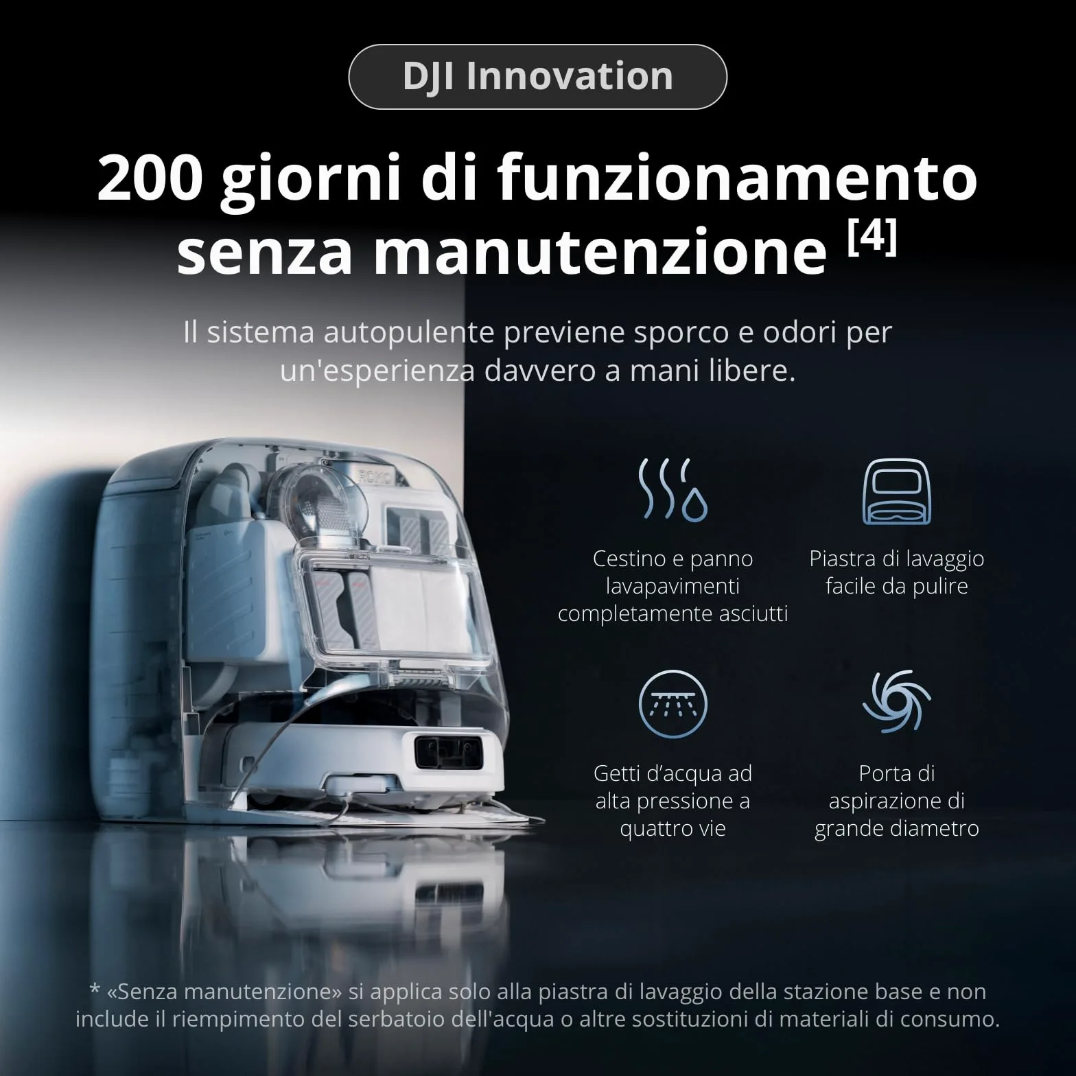 DJI ROMO P Robot Aspirapolvere Lavapavimenti con Mappatura, 25000 Pa, Rilevamento Ostacoli a Livello di Drone, Antigroviglio, Stazione Base Autopulente, 200 Giorni senza Manutenzione, Trasparente