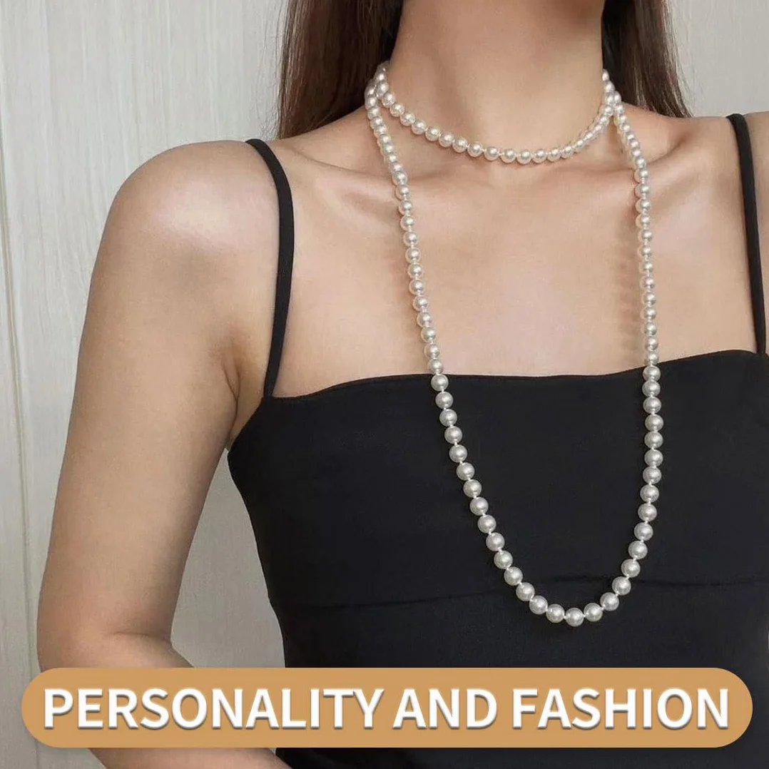 Collana di Perle Bianca 150cm con Bracciale, 1920s Costume Accessori Elegante Lunga Collana di Signore in Bianco