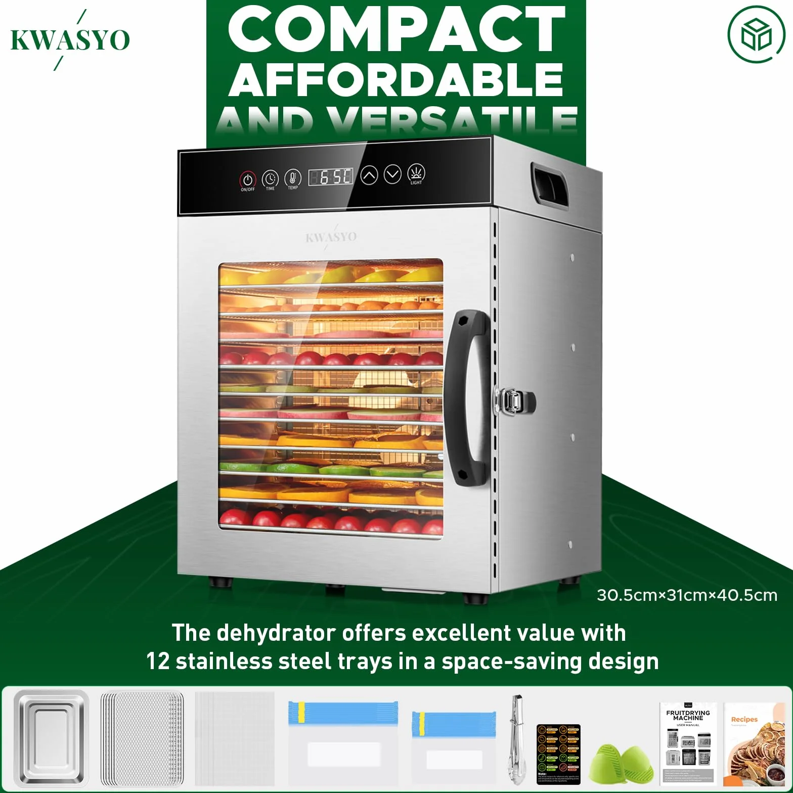 Kwasyo Essiccatore Alimentare in Acciaio Inox 750W con 12 Vassoi, Essiccatore Professionale, Timer Digitale, Controllo della Temperatura, Protezione dal Surriscaldamento, Ricettario Incluso