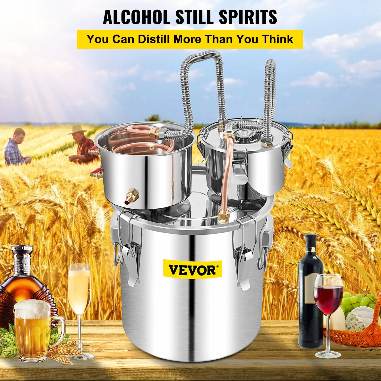 VEVOR Distillatore Alcol Acciaio Inox Rame Rosso 50L, Alambicco Distillazione Vino Grappa Liquore Doppio Fusto