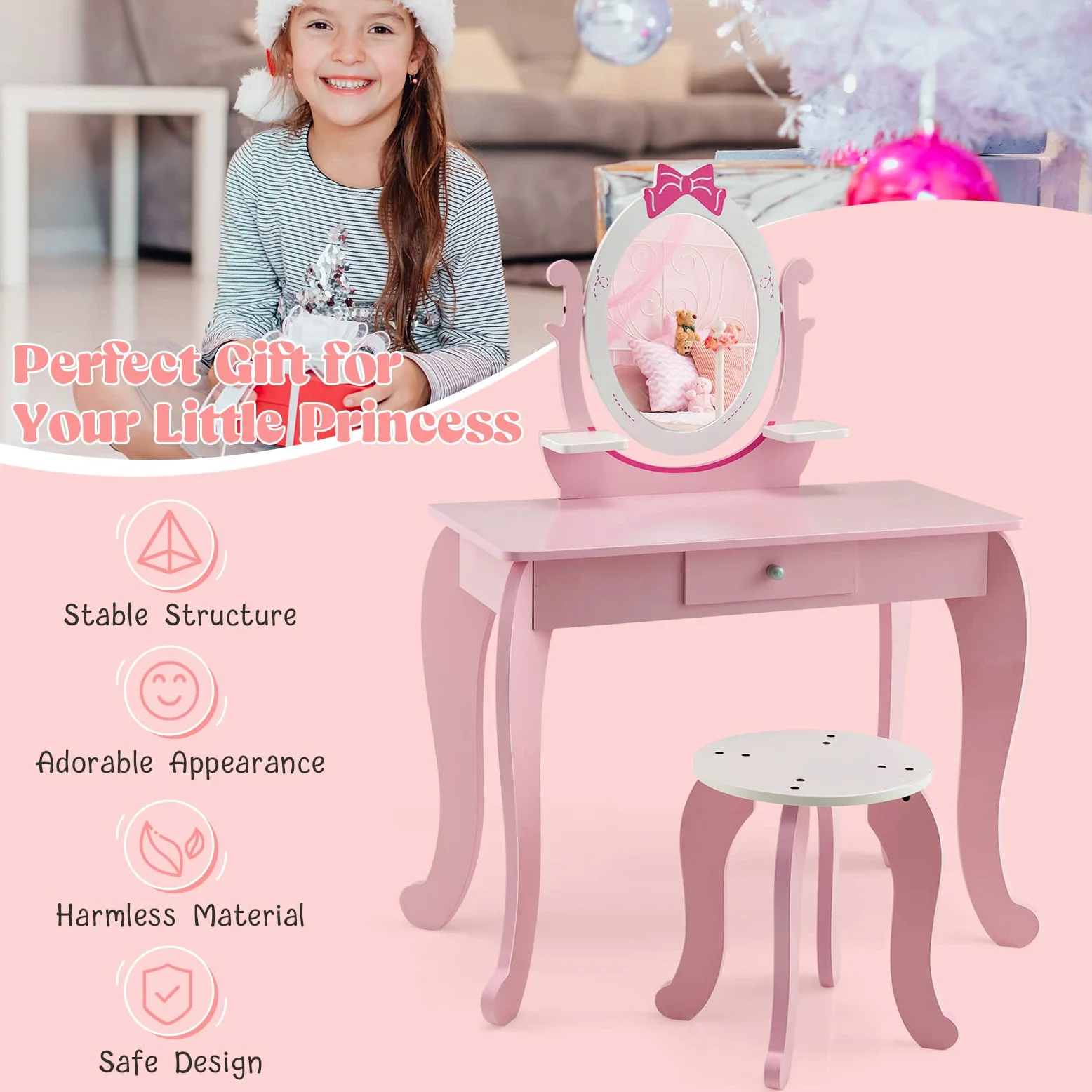 RELAX4LIFE 2 in 1 Toeletta Trucco Bambina con Specchio e Sgabello, Set Tavolo da Trucco con Specchio Rimovibile, Centro di Bellezza, Giocattolo da Trucco per Bambini dai 3 ai 7 Anni