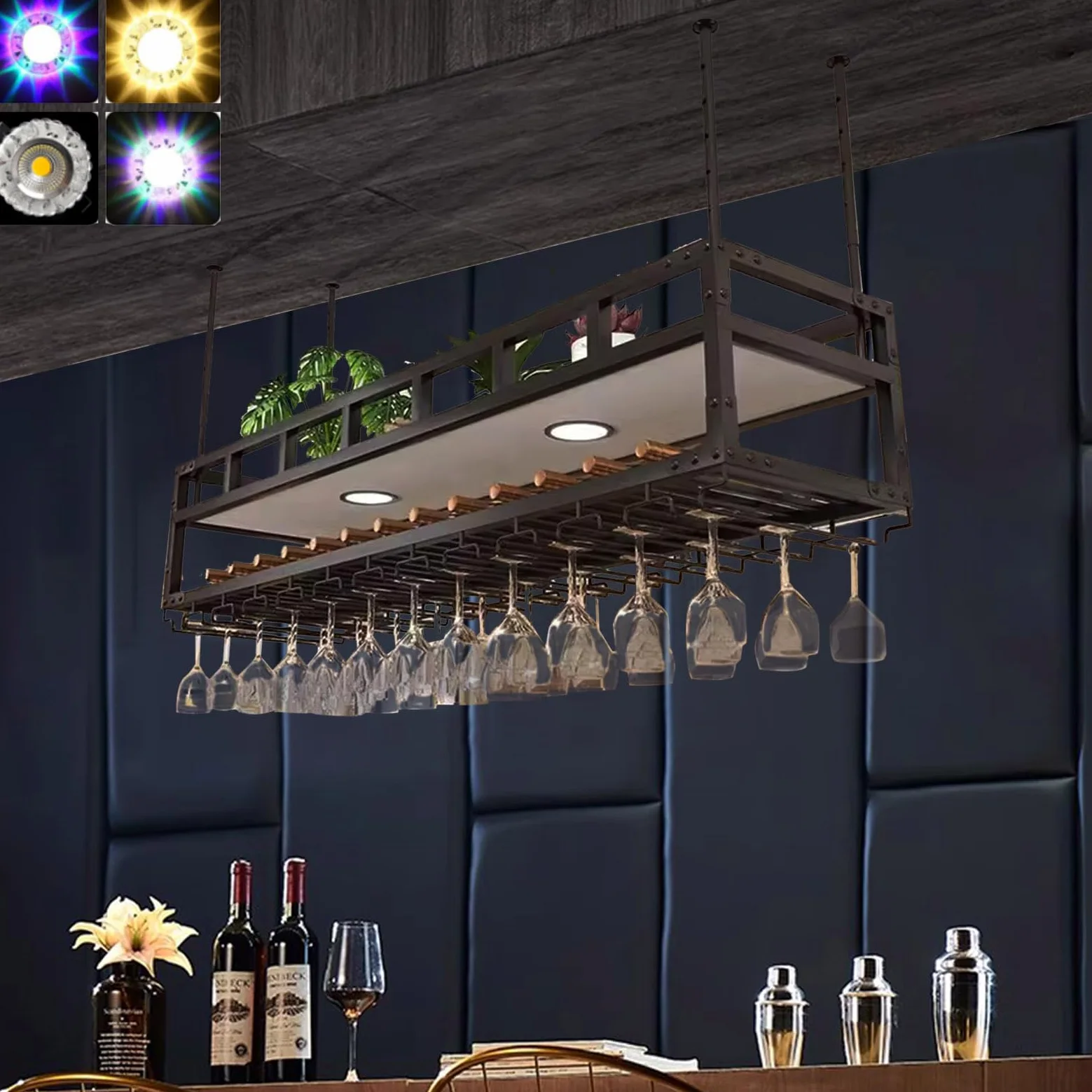 Portabottiglie da soffitto retrò a 2 strati, mensola per vino in metallo con luci al neon a 3 colori, altezza e larghezza regolabili, portabottiglie di champagne, portabottiglie rustico da appendere,
