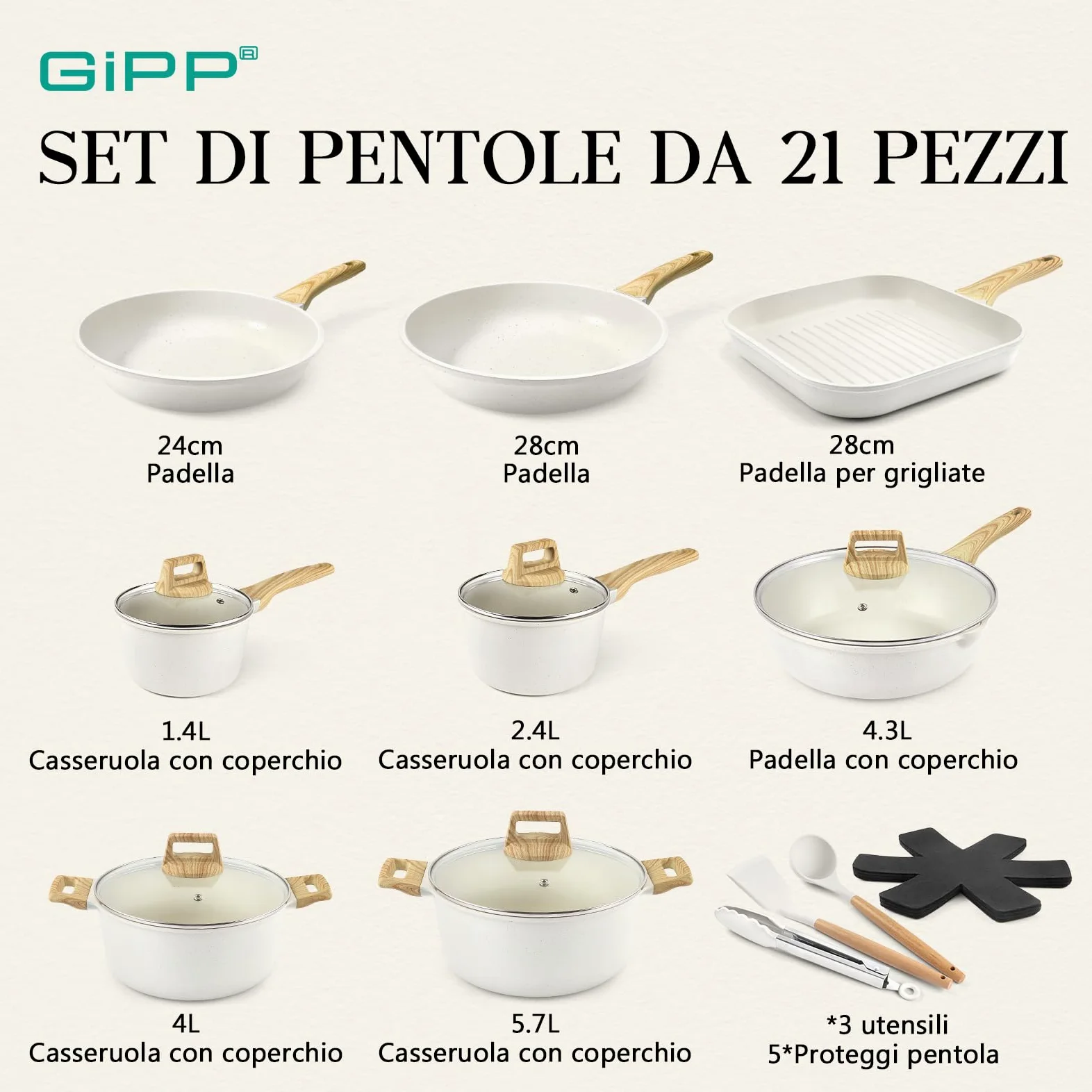 GiPP Set di Pentole e Padelle con Rivestimento Antiaderente - 21 Pezzi Induzione Set di Pentole Con Spatola Cucchiaio, Atossico, Adatto a Diversi Tipi di Fornelli