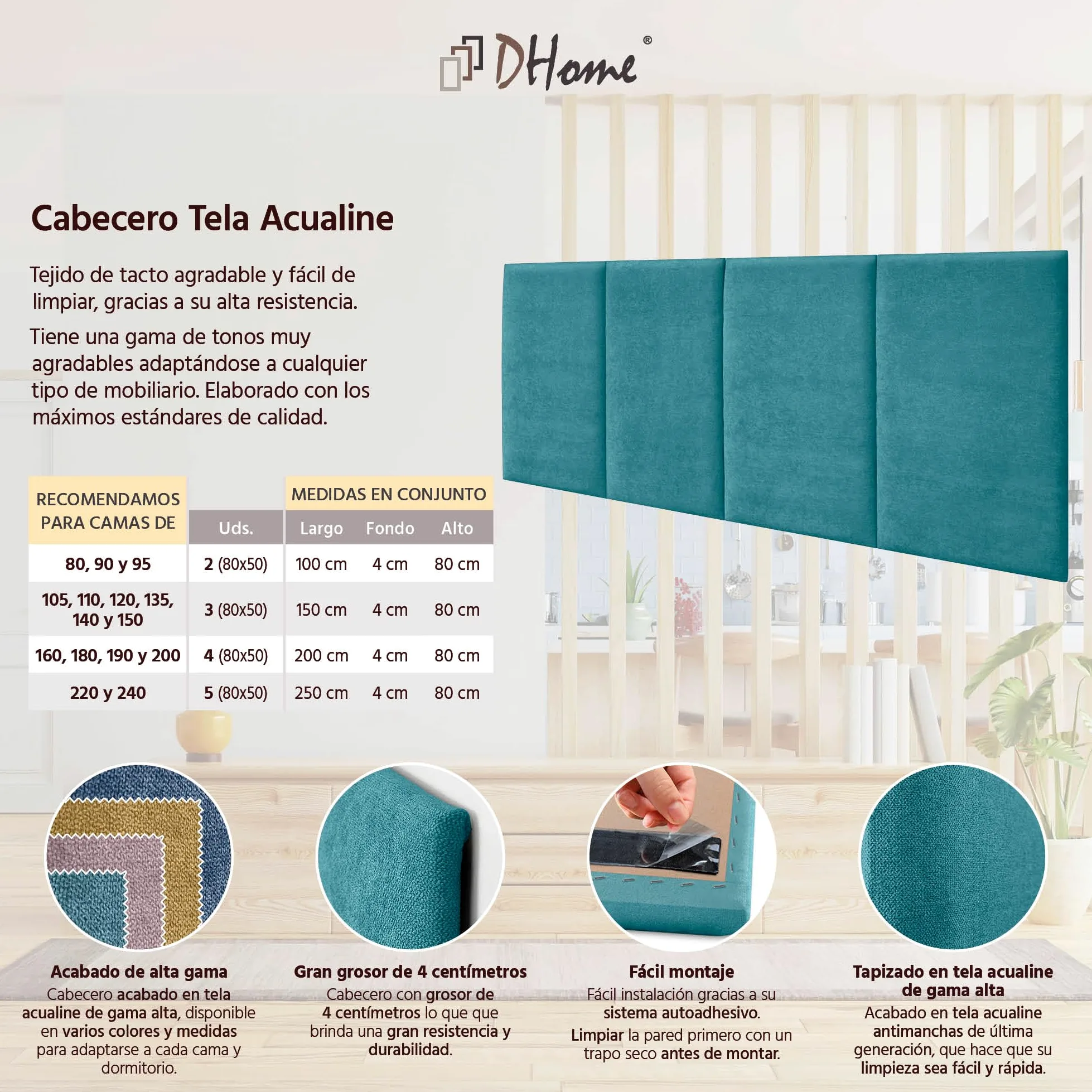 DHOME Testiera Imbottita in Tessuto Aqualine Premium Antimacchia Design Modulare Verticale Autoadesiva Testata Letto Camera da Letto Imbottita (Turchese, 160cm, Altezza 80 cm, x4)