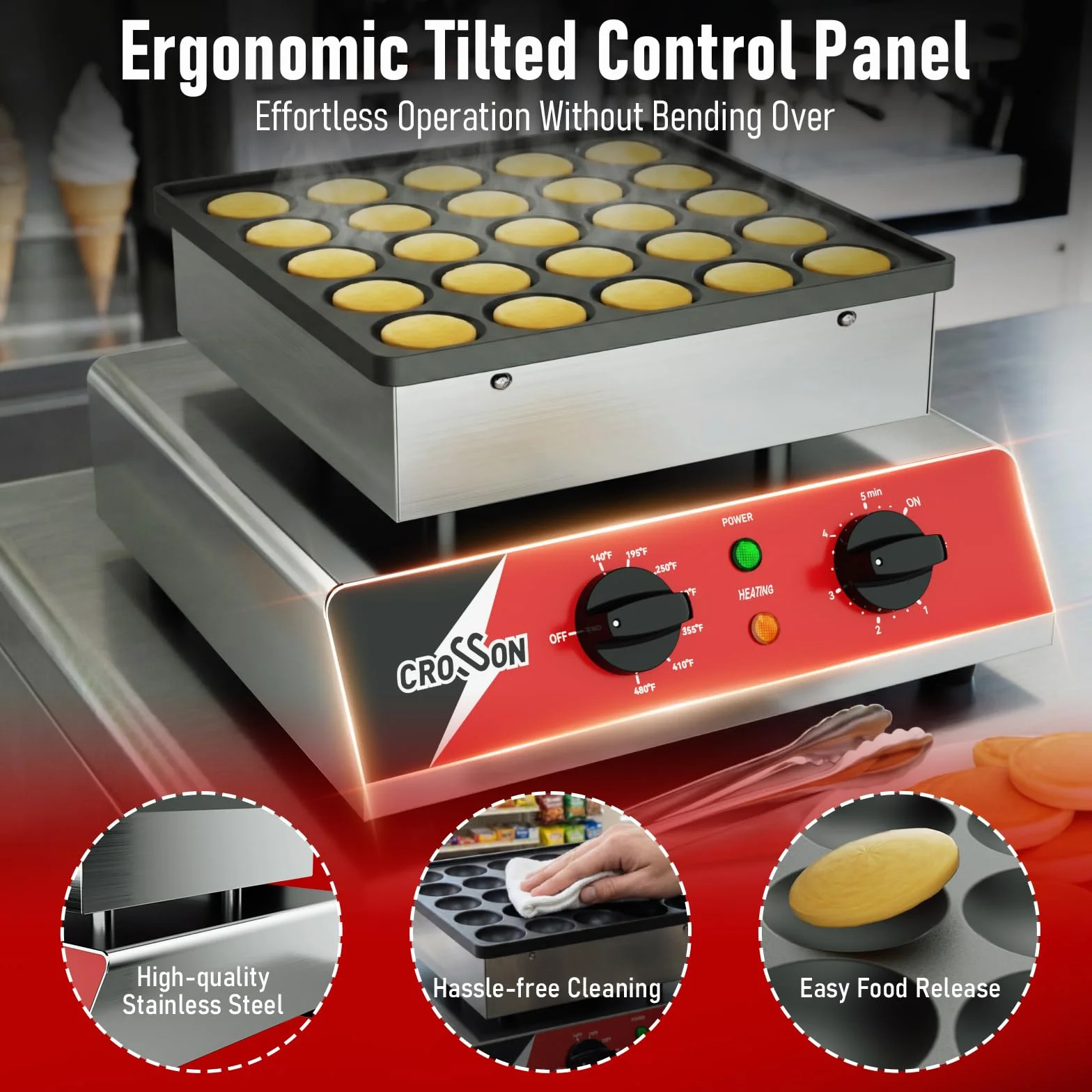 CROSSON Macchina per Mini Pancake 25 Fori 43 mm 850W Antiaderente Controllo Temperatura per Dorayaki Poffertjes Muffin
