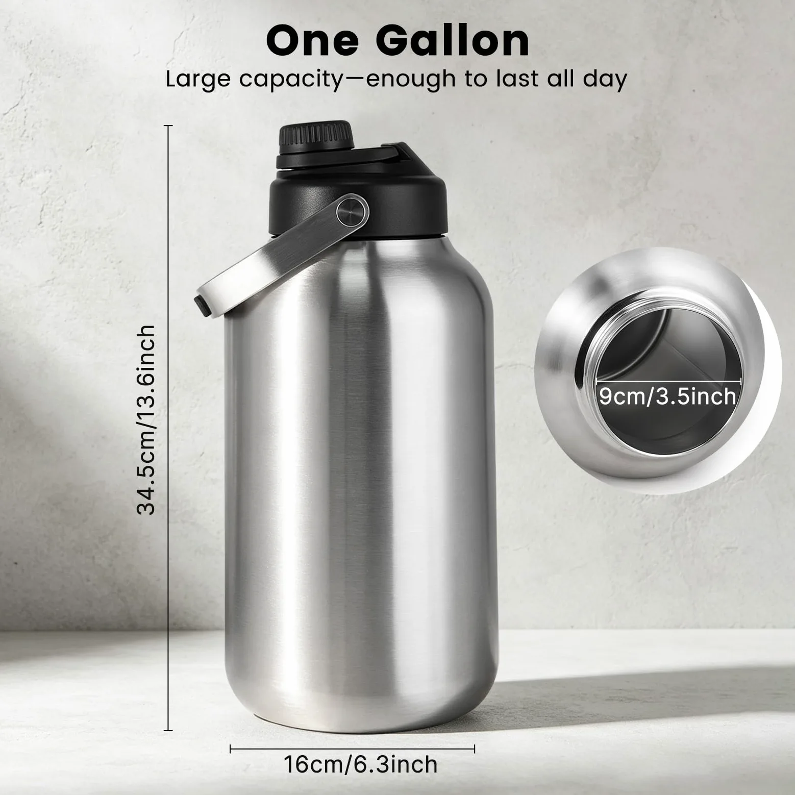 Kerilyn Borraccia termica con bocca larga, in acciaio inox da 3,6 litri, per bevande calde e fredde, grande bottiglia d'acqua con manico, grande brocca d'acqua per sport, viaggi
