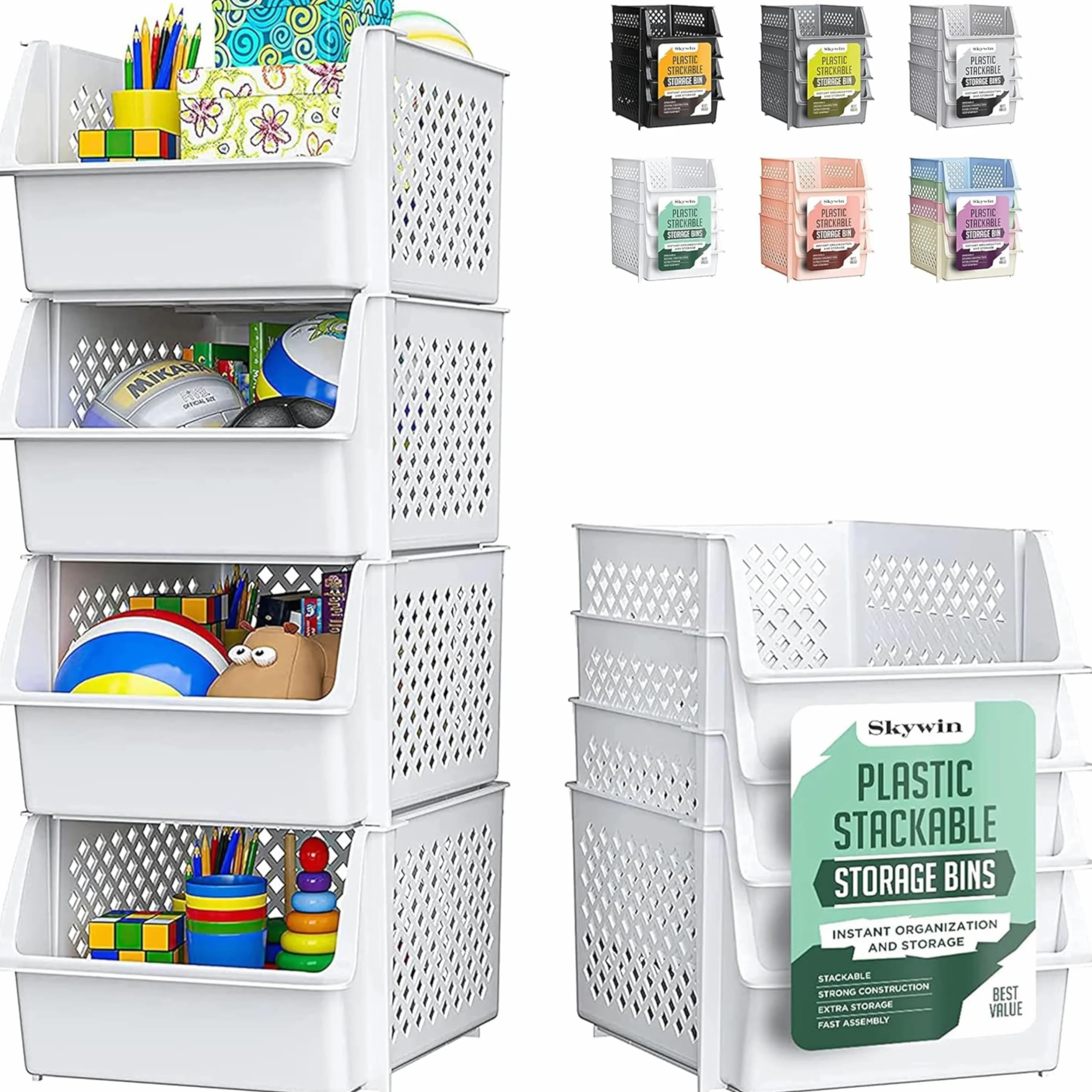 Skywin Contenitori Impilabili Set Da 4, Apertura Frontale | Organizer Dispensa Con Apertura Frontale, Ceste In Plastica Impilabili, Set Da 4, Per Cucina E Garage