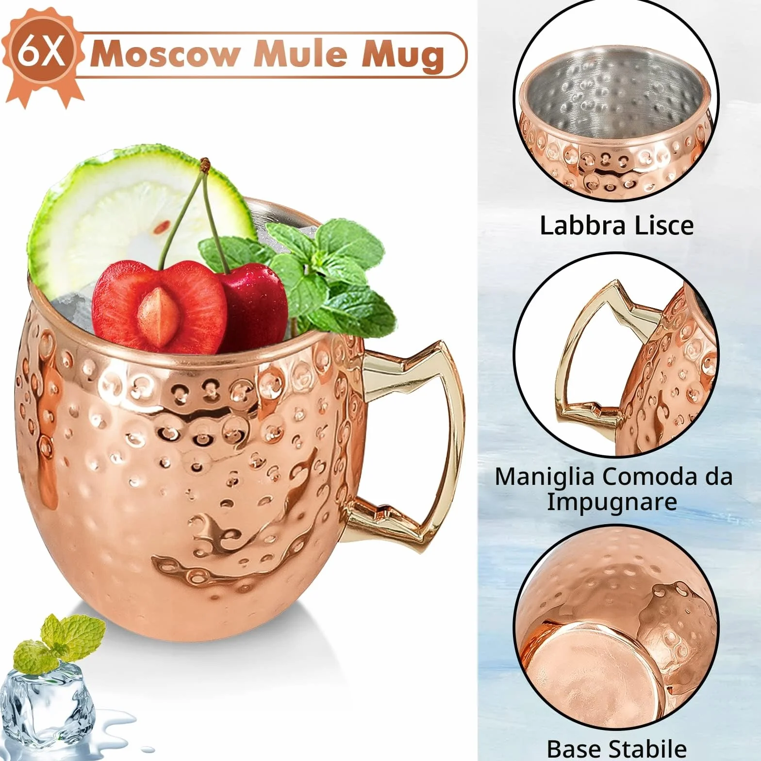 SuproBarware Set regalo Moscow Mule Tazze in rame 540 ml set di 6 acciaio inossidabile placcato rame fatte a mano con manico