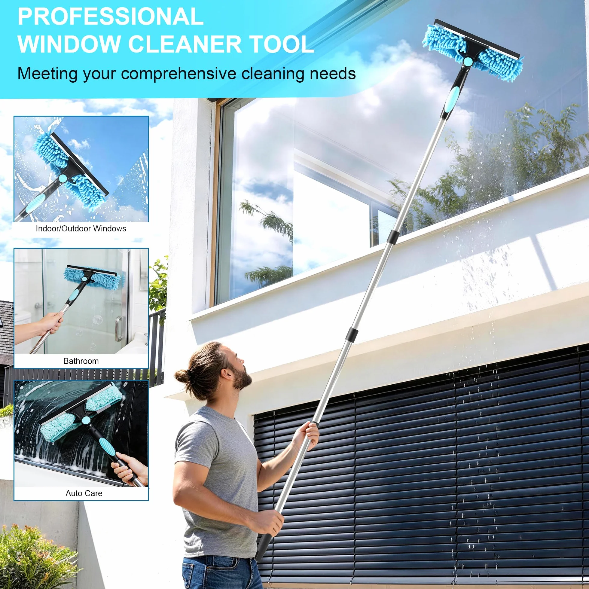 Lavavetri 3 in 1 Professionale con Manico Telescopico 170 cm, Tergicristallo Staccabile per Vetri e Finestre Alte