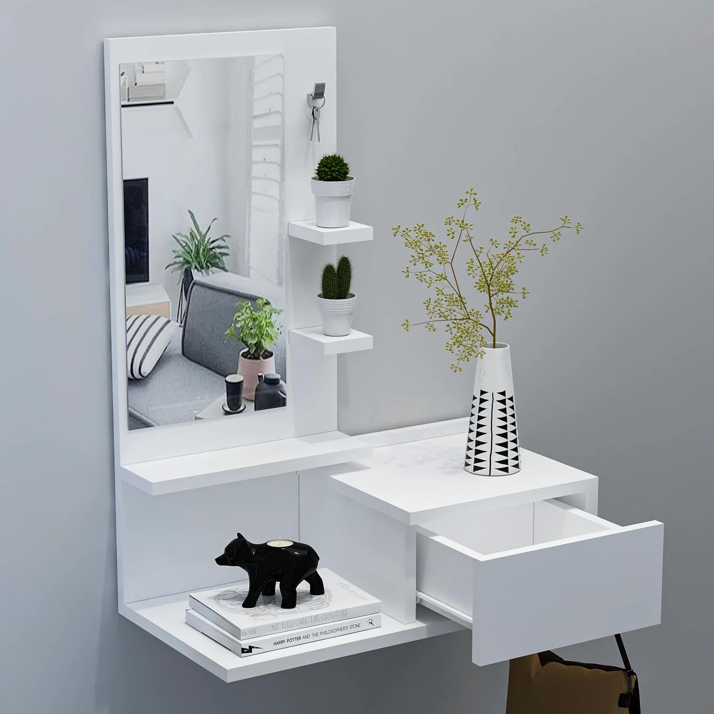 HOMIDEA ENKI Mobile sospeso per corridoio - Armadio con specchio - Armadio a parete per ingresso con cassetto, specchio e ripiano dal design moderno (bianco/bianco)
