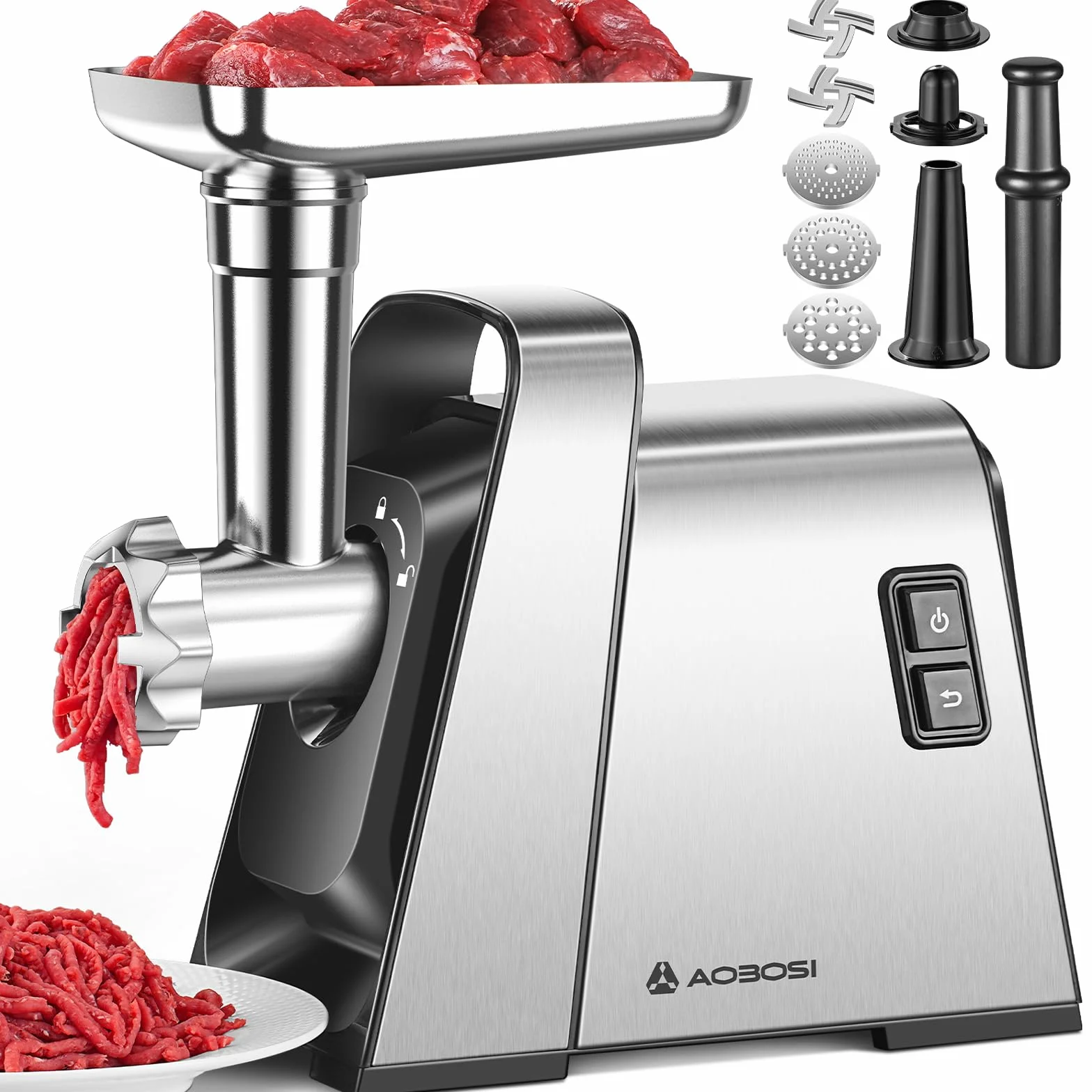 AAOBOSI Tritacarne Elettrico, 3-In-1 Tritacarne Elettrico Professionale [3000W MAX], 2 Lame, 3 Piastre Di Macinazione In Acciaio Inox, 1 Tubi Per Insaccati, 1 Kubbe