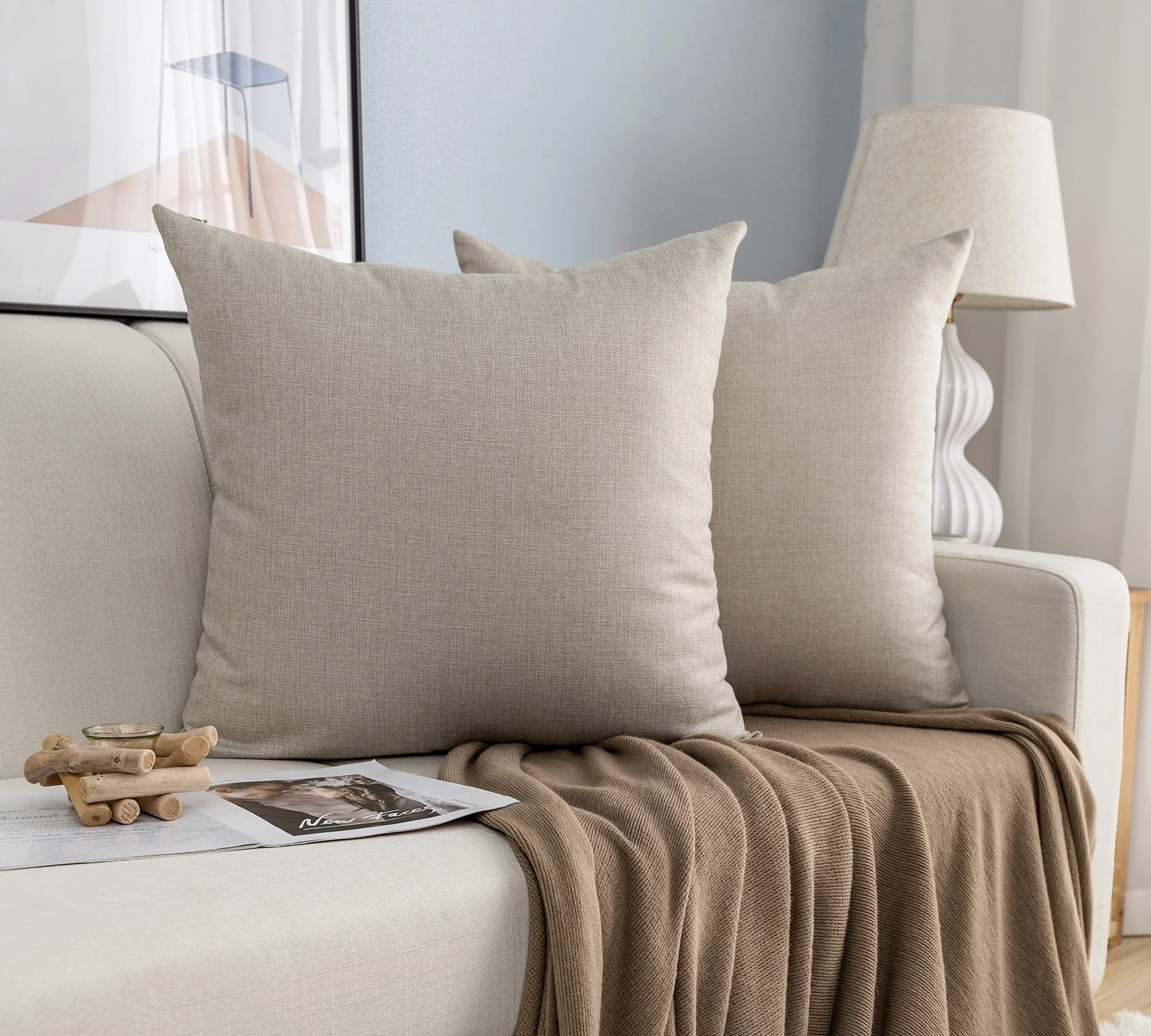 GIRASOLE HOME Coppia Federe Cuscini in Simil Lino Antiacaro e Ipoallergenico Per Divano e Letto Copricuscini Arredamento Casa con Zip Invisibile 2 pezzi (60x60cm, Tortora)