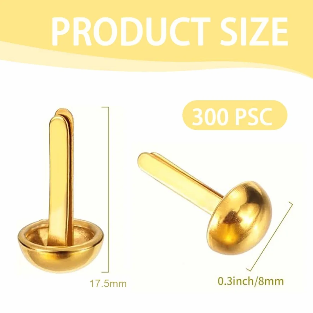 SULIUDAJI Mini Brads, 300 Fermagli Per Sacchetti, A Testa Rotonda, In Metallo, Per Scrapbooking, Per Scuola, Ufficio, Carta, Artigianato, Fai Da Te (Oro)