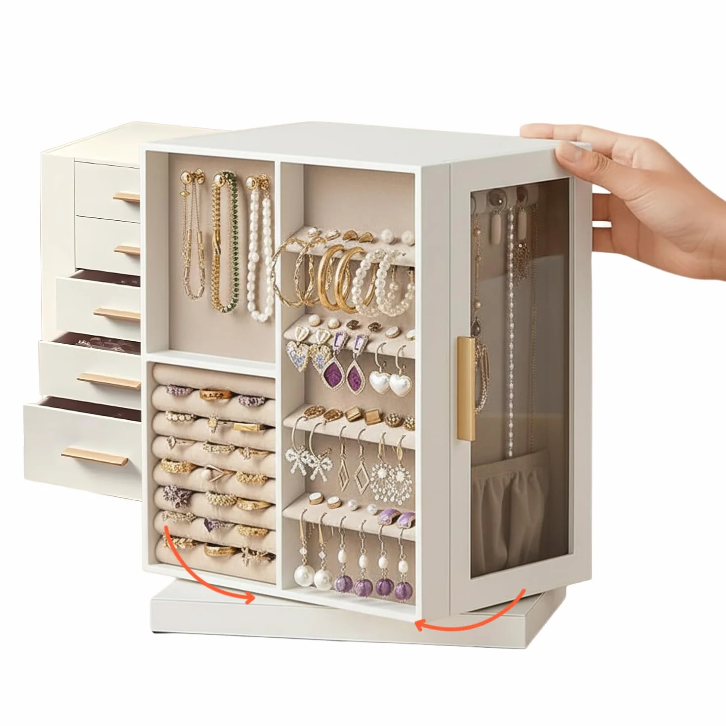 Avilia Portagioie Rotante MDF 5 Cassetti 18 Ganci Collane 48 Fori Orecchini 8 Slot Anelli Organizer 360° Gioielli