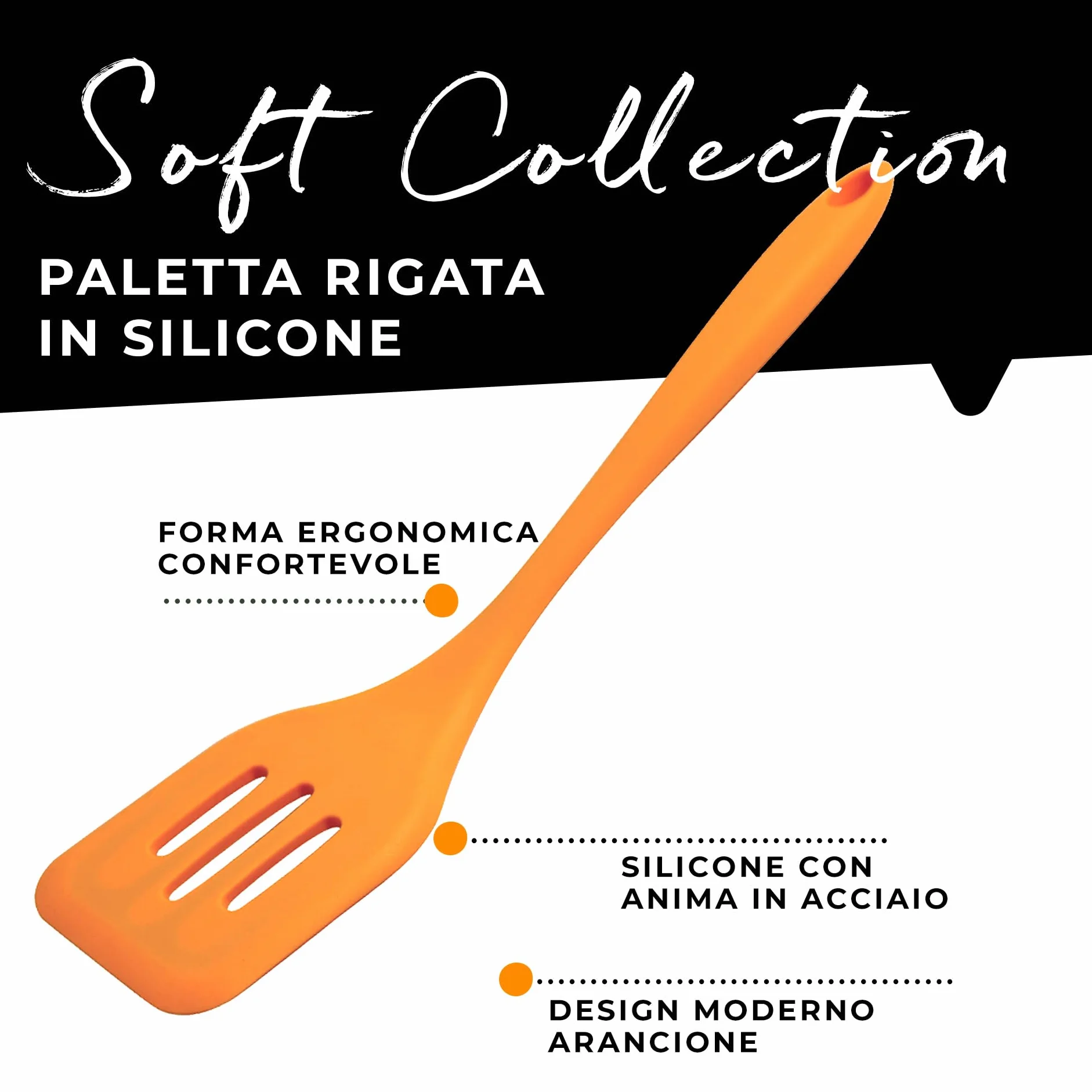 Paletta fritti forata in silicone, 29 x 7 x 1,5 cm, Soft Collection, (colore: nero o arancione), quantità: 1 pezzo.