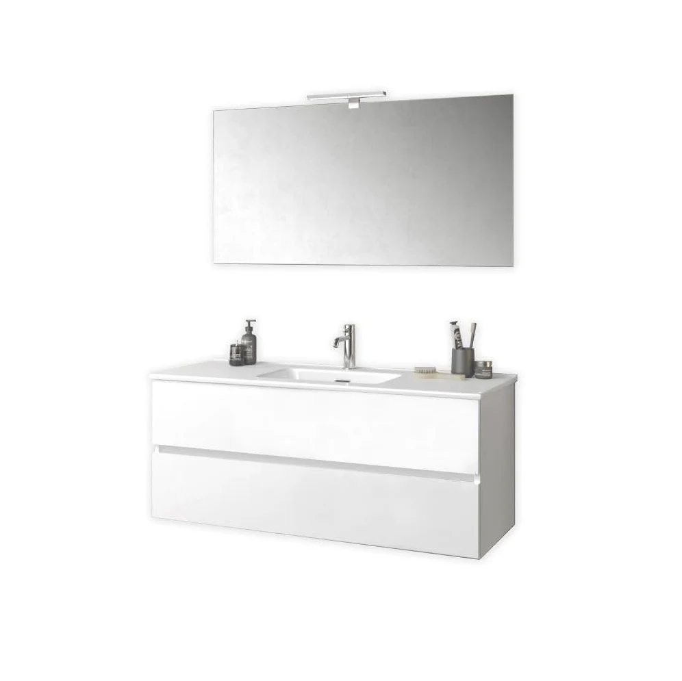 AQA DESIGN accessori casa composizione bagno, nr2 cassetti con scorrimento e chiusura soft close, maniglia a gola in melaminico, nr1 specchio - Bianco - 121x46,5x190 cm