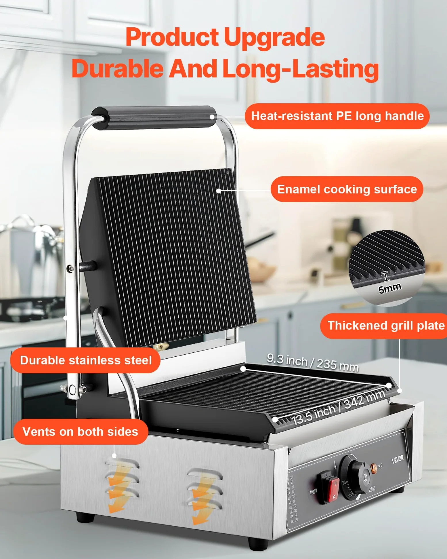 VEVOR Piastra Elettrica per Panini Professionale, 2200 W, in Acciaio Inox con Maniglia e Controllo della Temperatura, Piastra Smaltata Scanalata Completa da 34 x 23 cm, per Bistecche, Pancetta