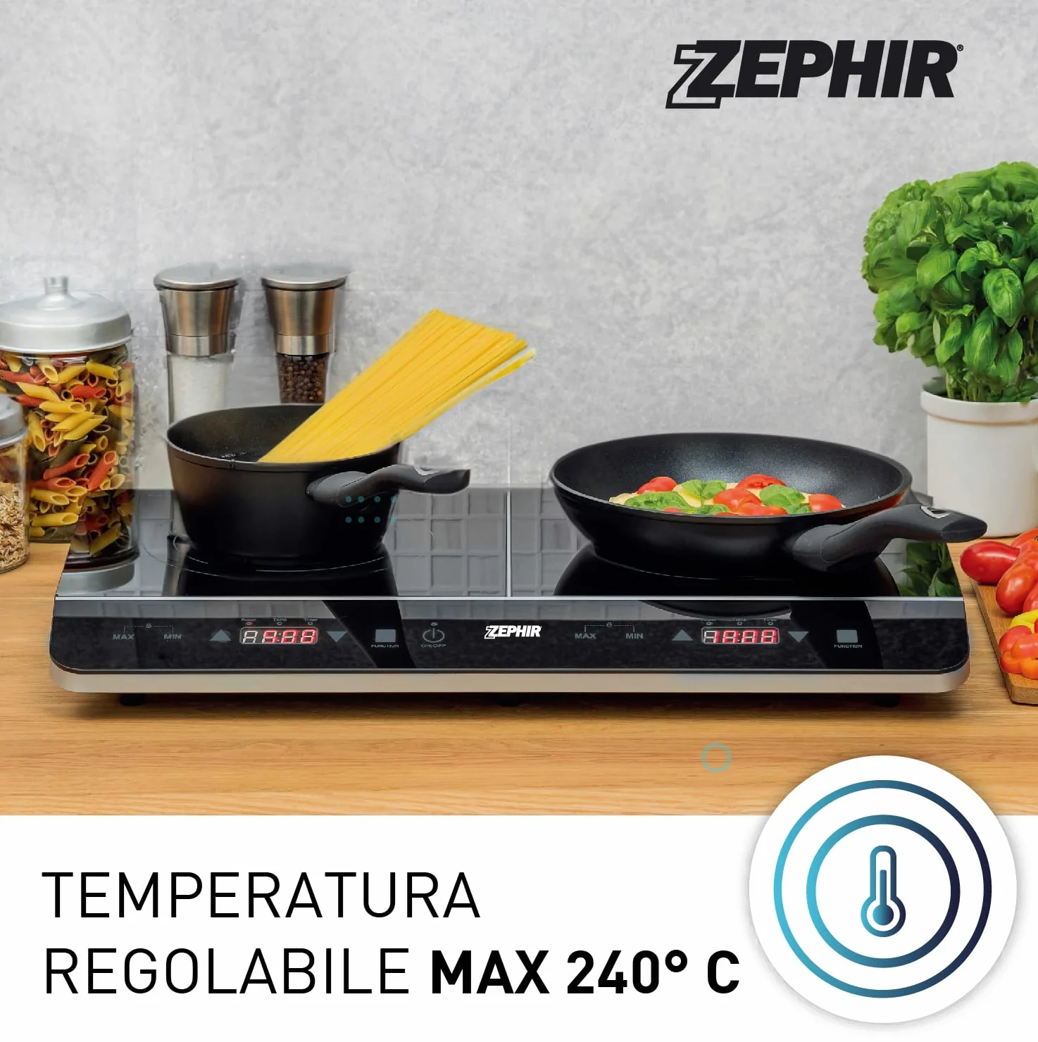 Zephir, Doppia Piastra a Induzione Portatile Potenza Max 2800W, 10 Livelli di Temperatura e di Potenza, Piastre in Vetro Temperato per Pentole Diametro 12-26 cm, Timer 180 Minuti (Doppia)