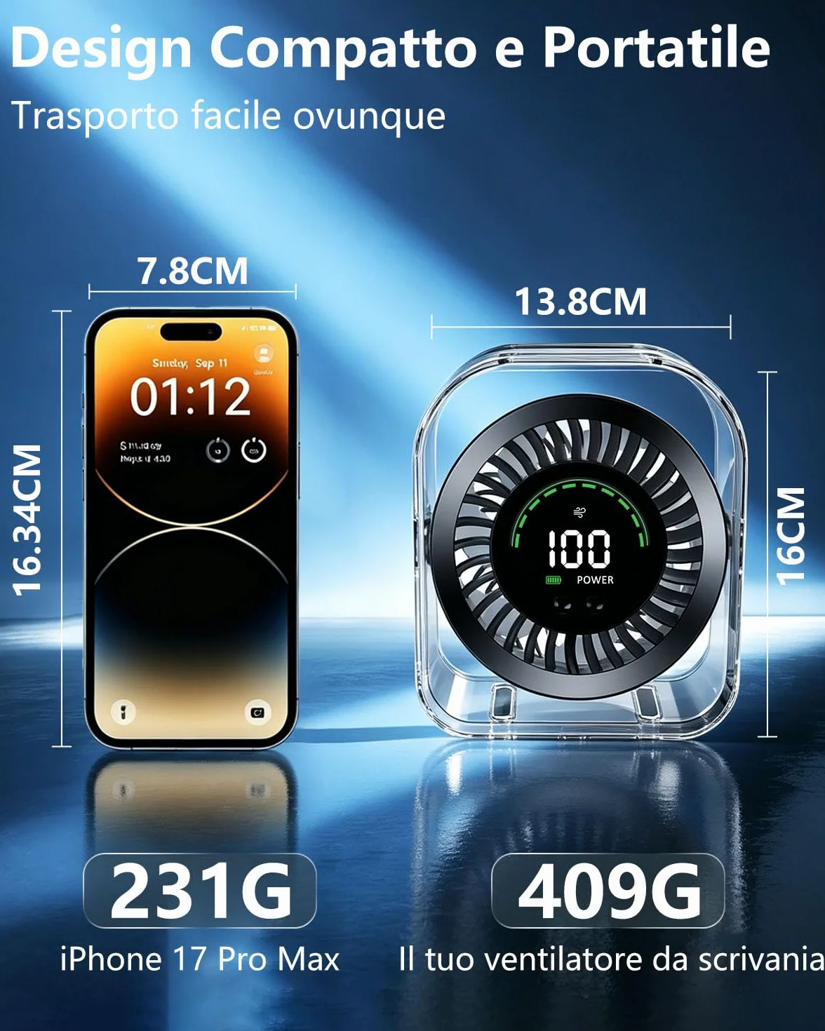 Ventilatore da Tavolo Silenzioso, Ventilatore Scrivania 4000mAh con Regolazione Continuo 1-100, Display LED e Rotazione 360°, Autonomia 17 Ore per Concentrazione Totale in Ufficio, Lavoro e Studio