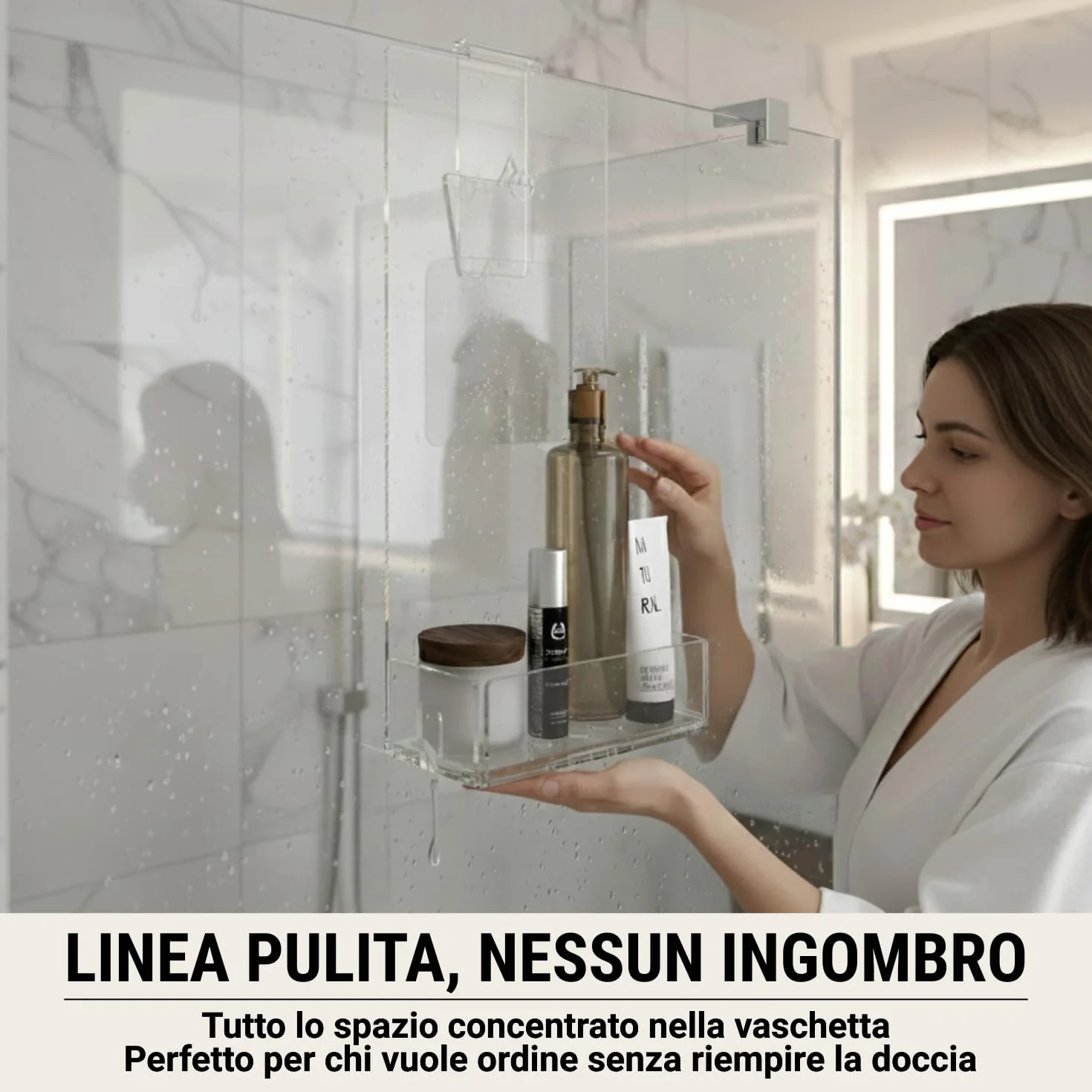 AGPLEX Porta Shampoo Doccia in Vetro Acrilico 24x20xh45 Mensola con Porta Asciugamani Organizer Bagno Made in Italy