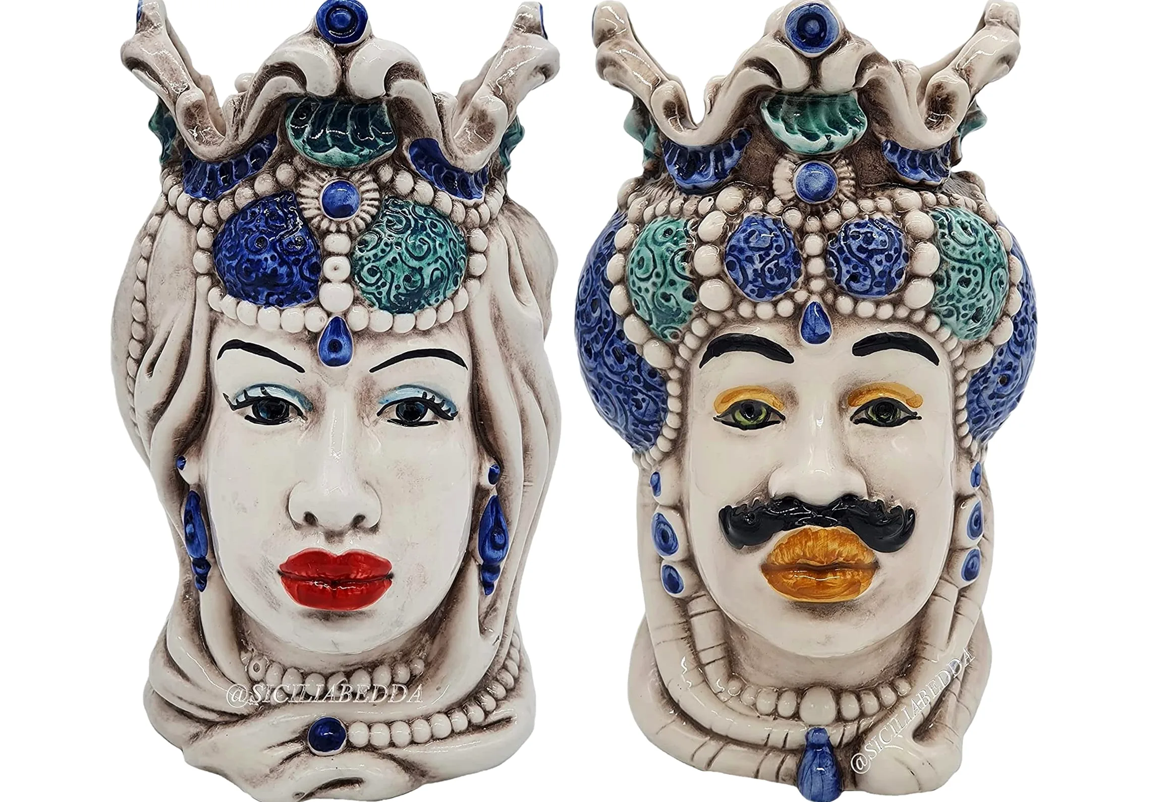 sicilia bedda - Teste di Moro Siciliane in Ceramica di Caltagirone - Realizzato Interamente a Mano - Altezza 18 Centimetri (Coppia Teste di Moro Blu)