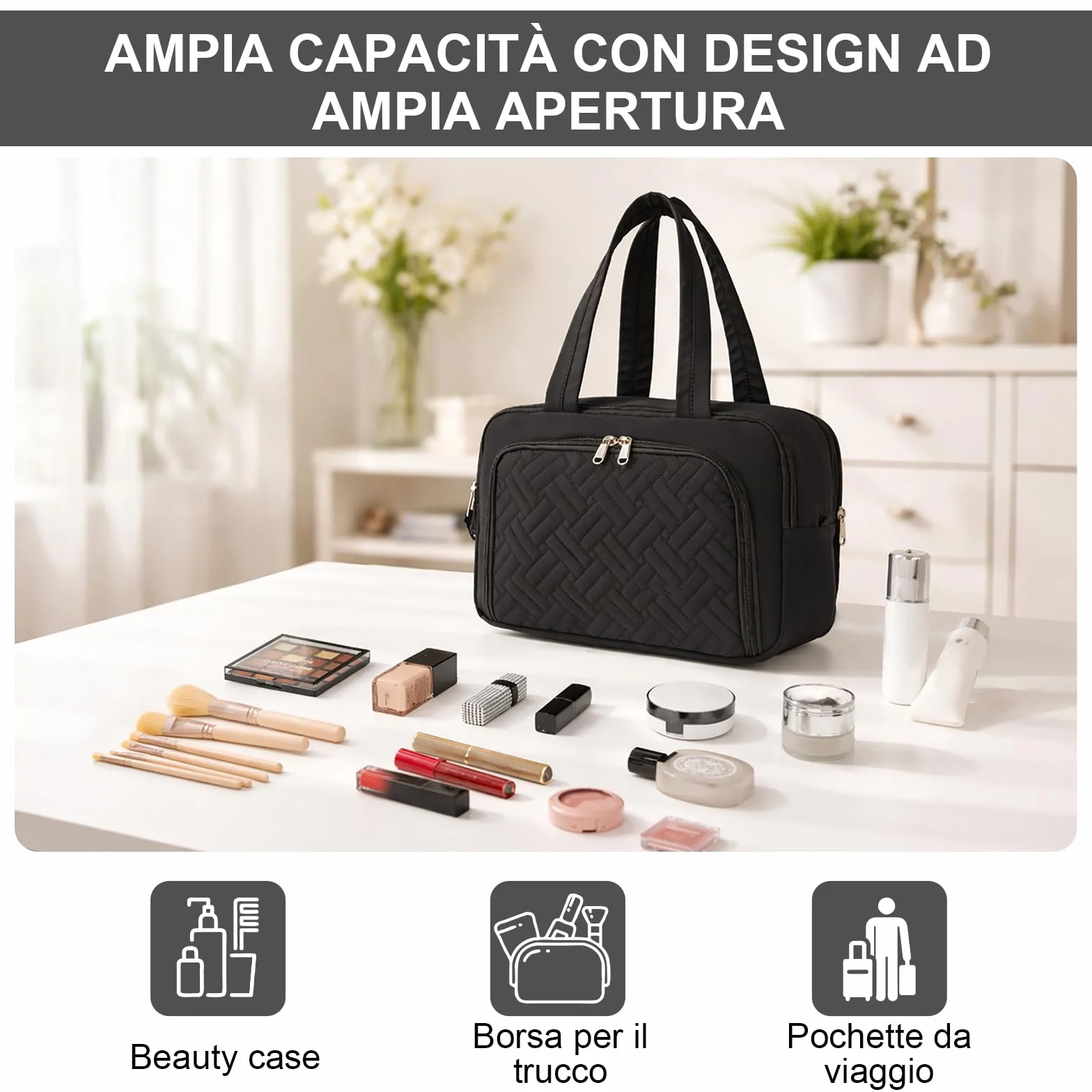 Kono Beauty Case Donna, Trousse da Viaggio Grande, Pochette Make-up, Ampia Apertura, Borsa per Trucchi e Accessori, Impermeabile