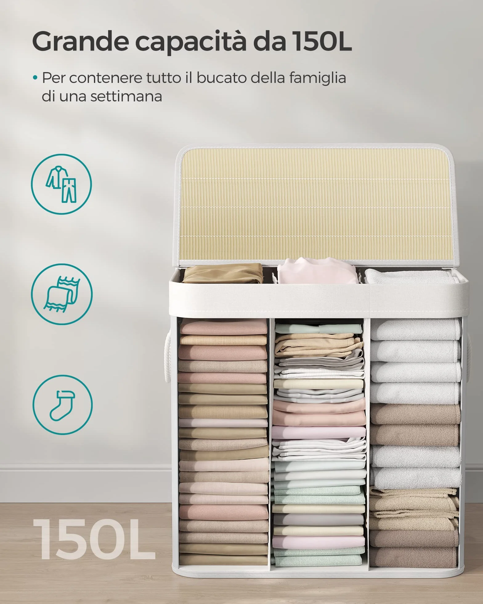 SONGMICS Cesto Portabiancheria, 150 L, Cesta Biancheria a 3 Scomparti in Bambù Coperchio, Maniglie, Pieghevole, Sacco Rimovibile e Lavabile in Lavatrice, Lavanderia, Casa, Bagno, Bianco LCB091W01