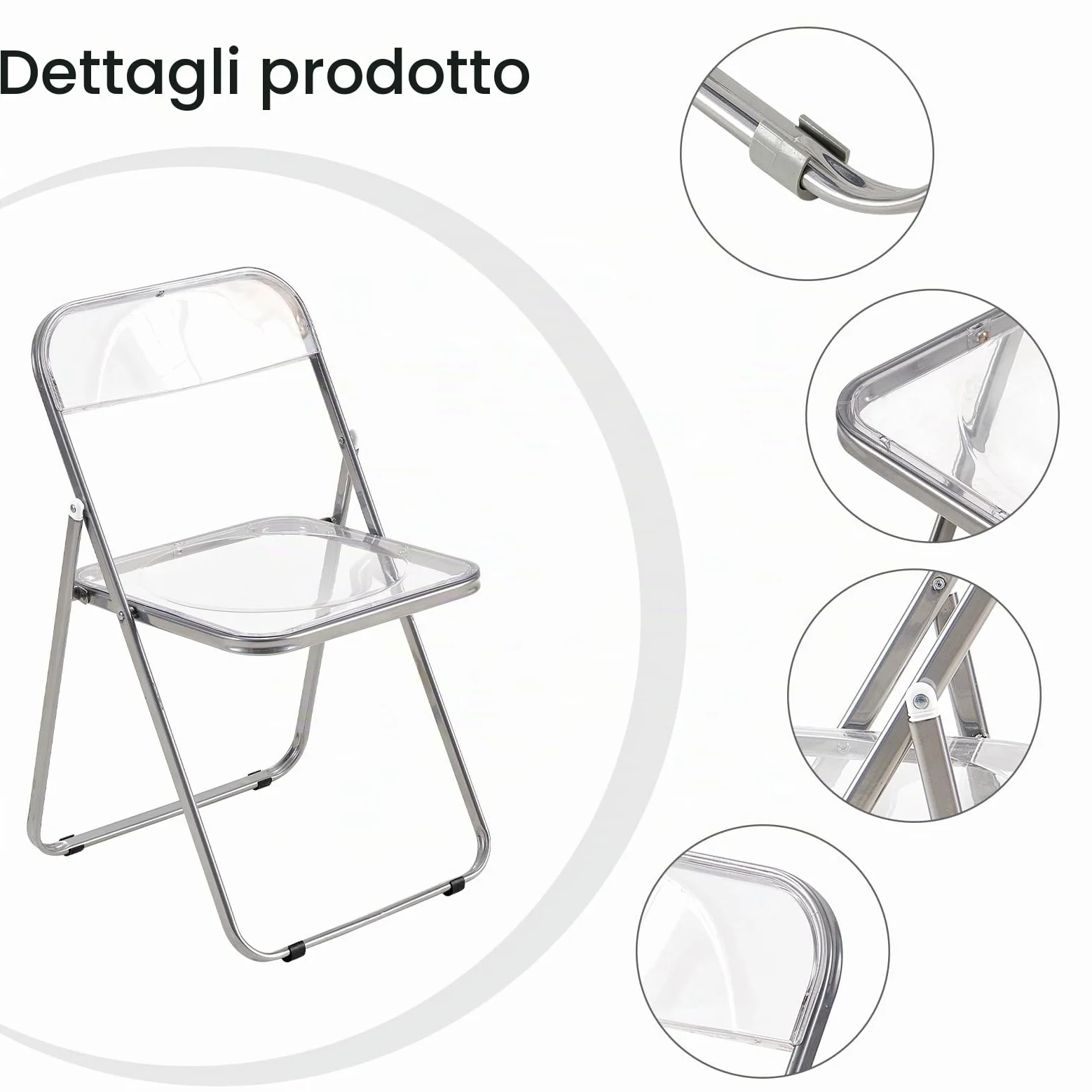 set di 4 pieghevole sedia in metallo trasparente PET sedia pieghevole poltrona 150 kg capacità di carico per sala da pranzo, soggiorno, giardino