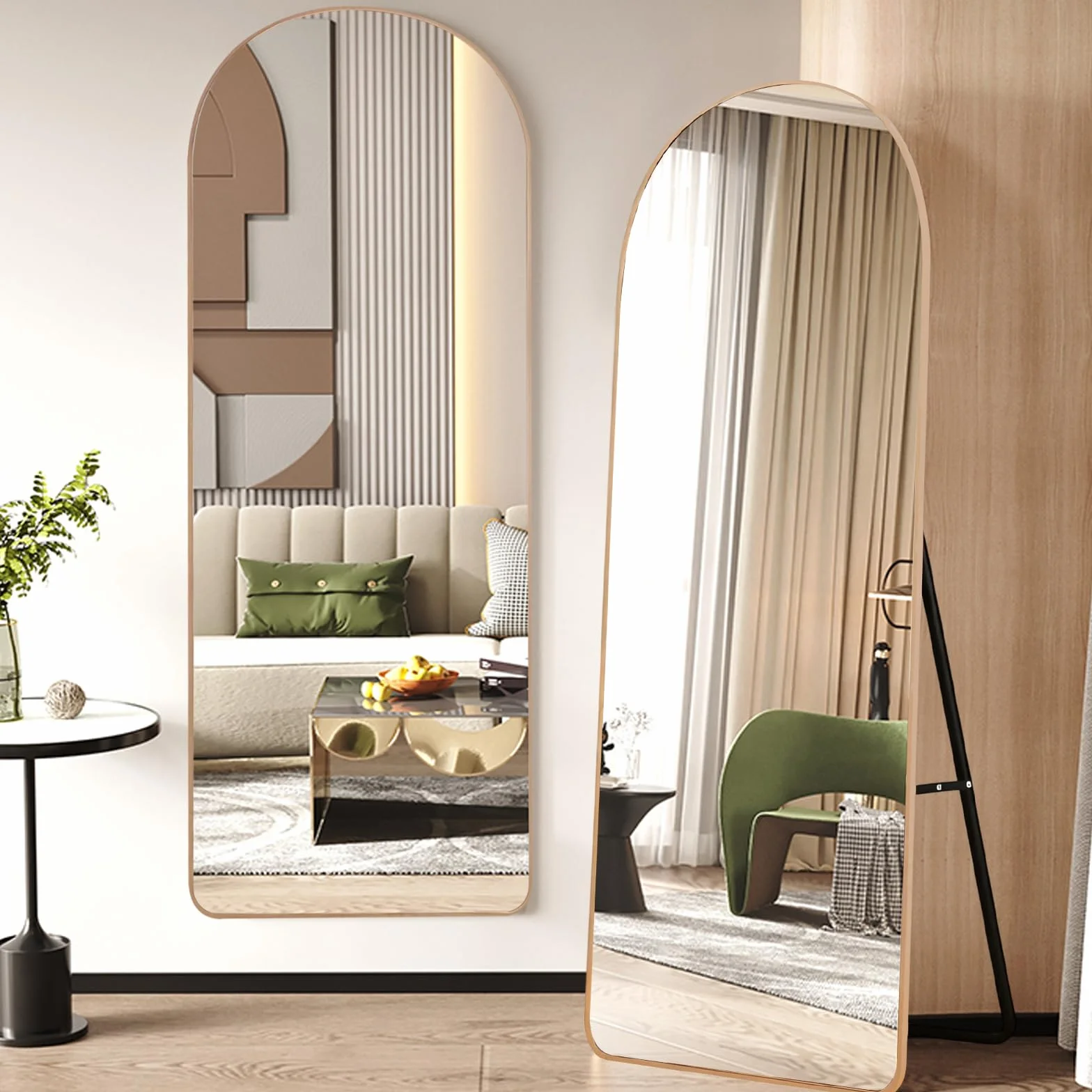 Specchio da Terra ad Arco 160x50 cm, Specchio da Parete con Cornice in Alluminio Dorato, Design Moderno, da Appoggiare o Appendere per Soggiorno, Camera da Letto, Ingresso