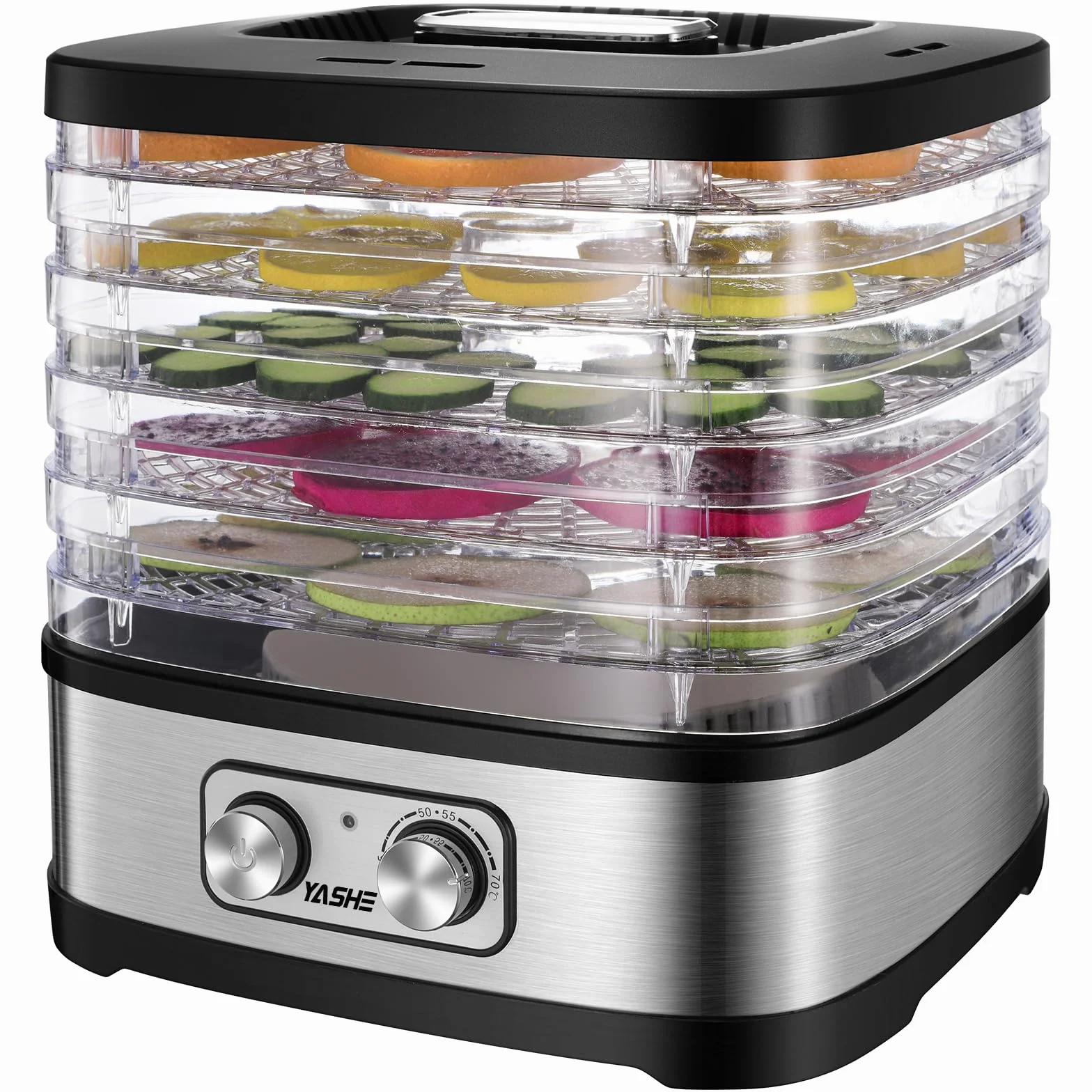 YASHE GGJ-261A Essiccatore Alimentare, 5 Vassoi Regolabili in Altezza, Controllo della Temperatura da 35 a 70°C, Essiccatore Frutta e Verdura da 240 Watt, Senza BPA