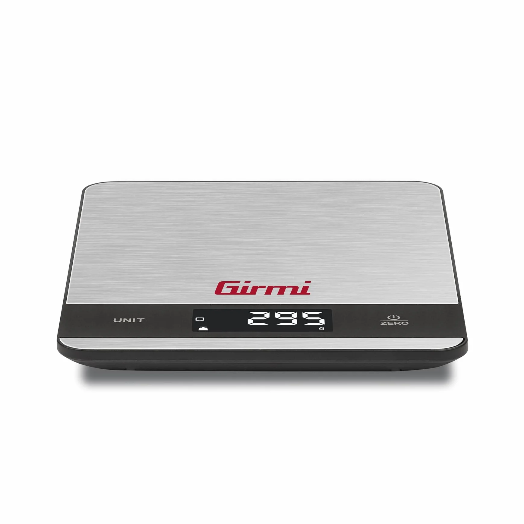 Girmi PS05 Bilancia da cucina Elettronica, 1 gr/5Kg, Piatto Inox, Display ad alta luminosità, Autospegnimento, Funzione TARA, Indicatori di errore, Display 50 x 22, Appendibile, Grigio