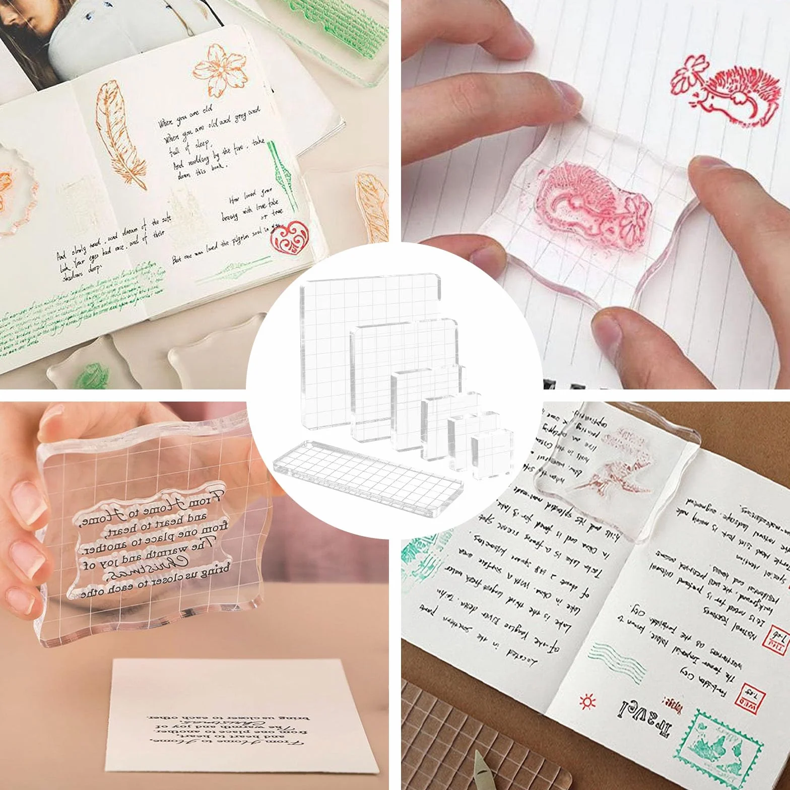 7 Pezzi Blocchi per Timbri Trasparenti,Blocco Acrilico per Timbri,Base per Timbri in Silicone, Adatti per Quaderni, Diari, Biglietti di Auguri, Album di Ritagli