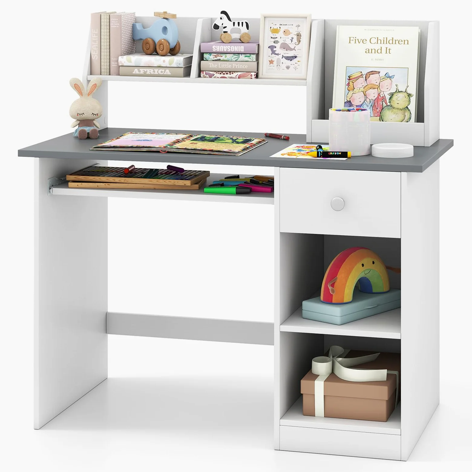 COSTWAY Scrivania per Bambini 3-6 Anni, Tavolo in Legno con Vassoio per Tastiera e Cassetto, Libreria Laterale e Mensole Superiori e Ampio Piano del Tavolo, Ideale per Cameretta (Grigio)