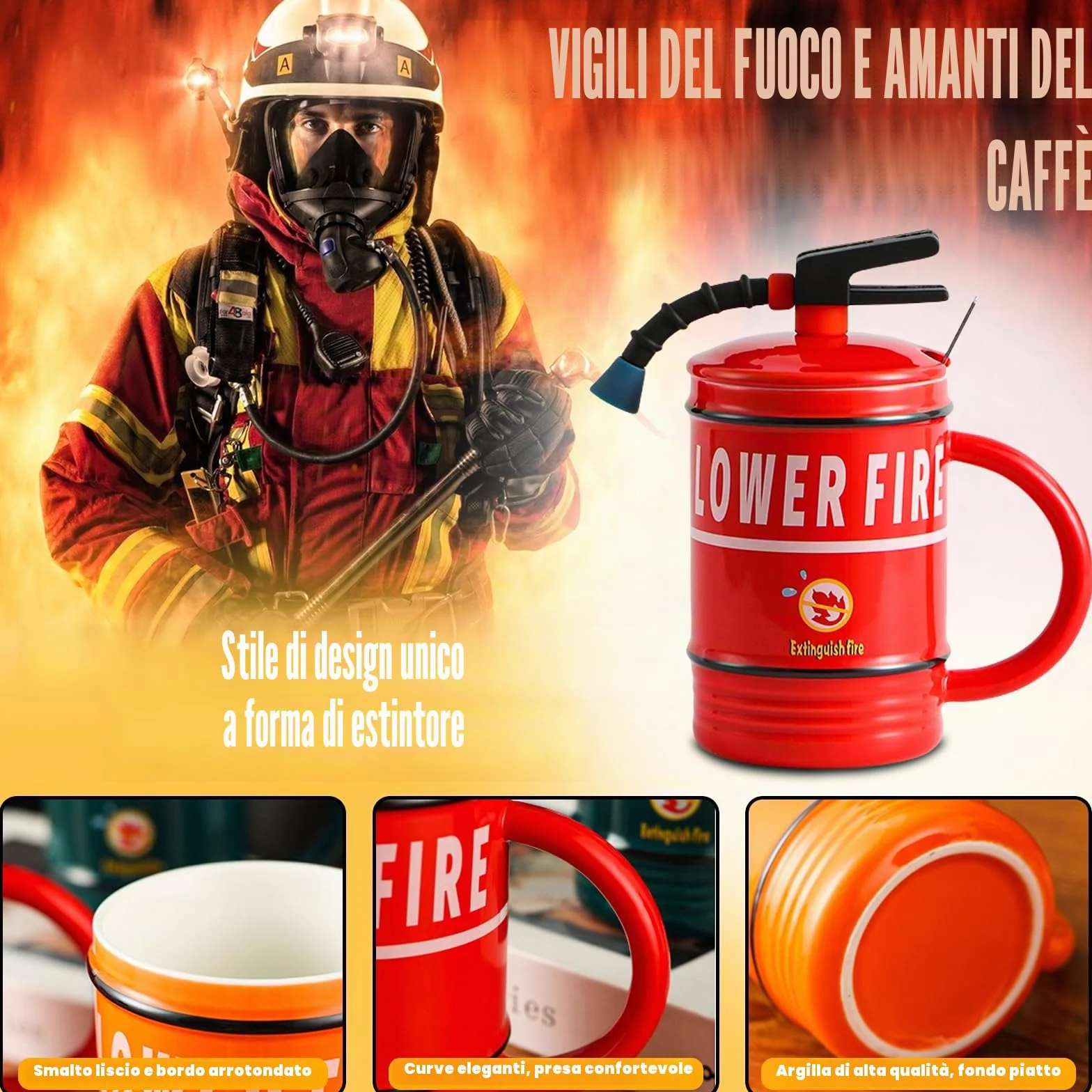 ZONSUSE Tazza Dell'estintore Personalizzata Ceramica con Coperchio e Cucchiaio Rosso