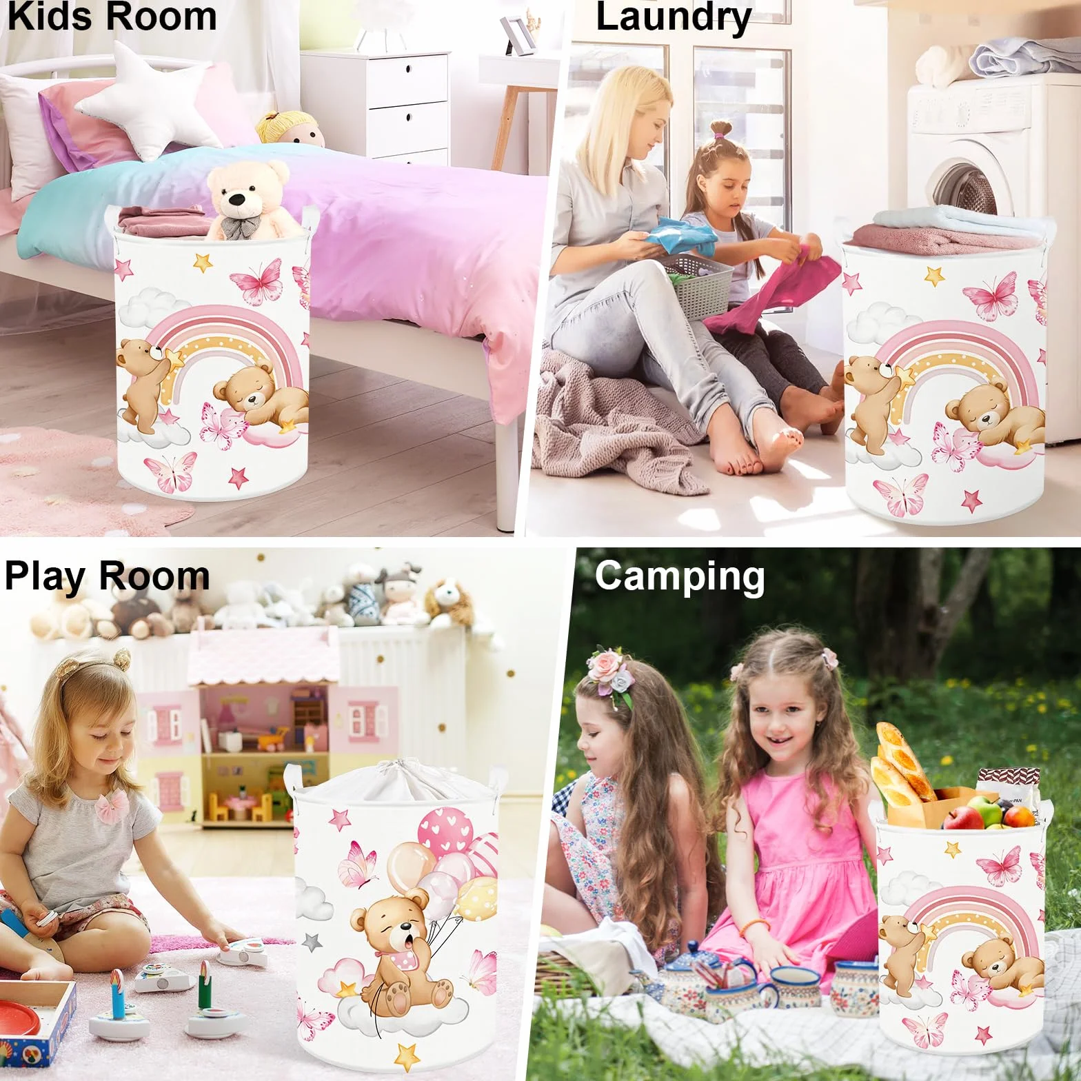Clastyle Ceste Biancheria Bambini Arcobaleno Cestino Giocattoli Vestiti Impermeabile per Ragazza Cestino Portaoggetti per Bagno Cameretta Bucato, Orso, 36x45 cm