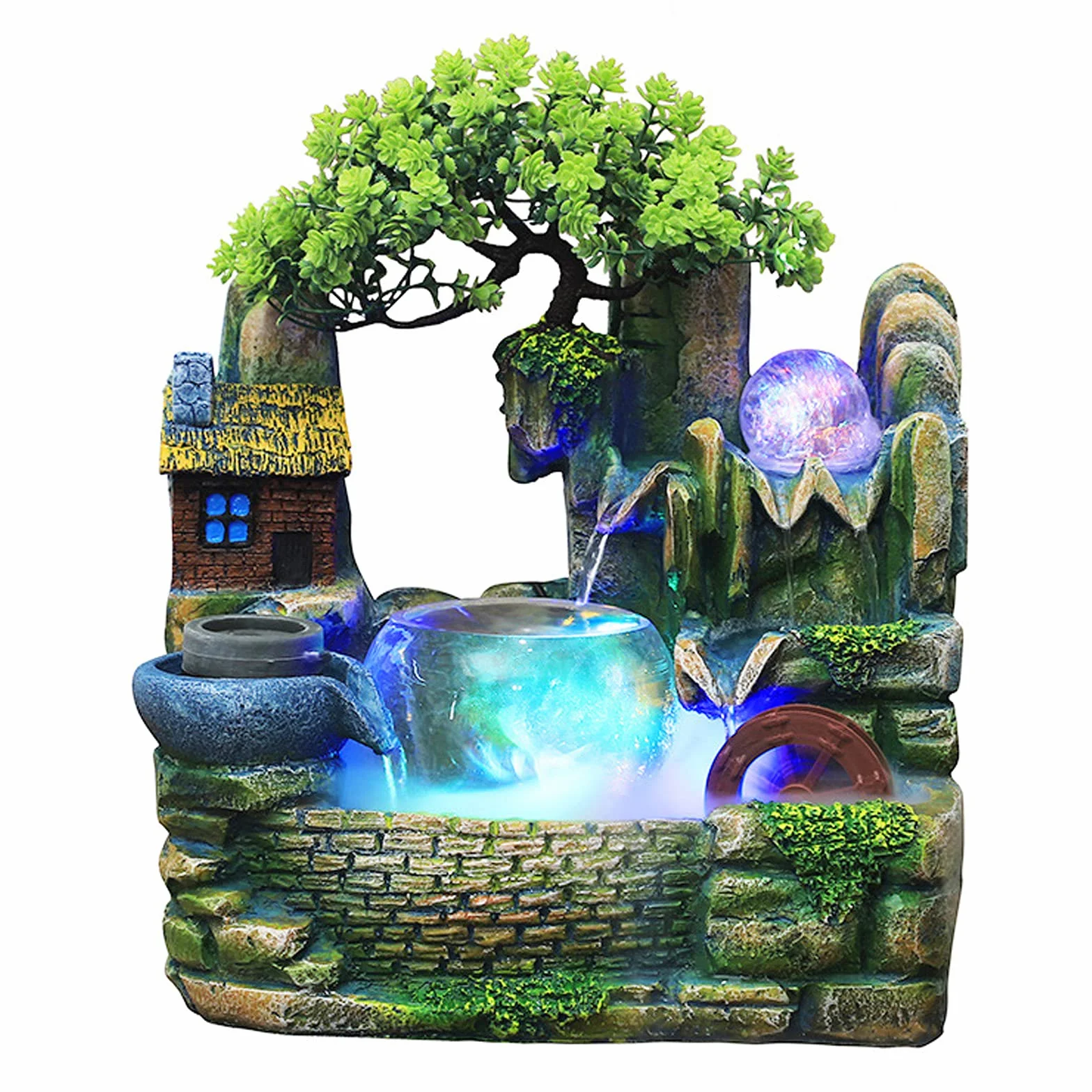 Fontana da interni con illuminazione, fontana con pompa e umidificatore, fontana da tavolo con pietra decorativa da giardino in resina a cascata, per casa, ufficio, camera da letto, decorazione